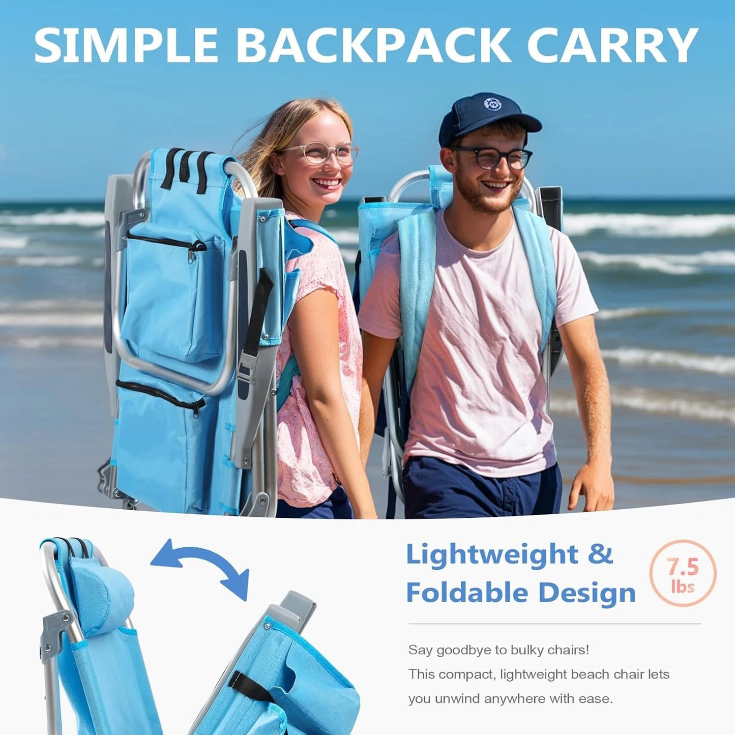5-Position Aluminum Lay Flat Tall Backpack Beach Chairs 2 Pack Compact Portable Beach Chairs for Adults with Cooler Pouch, Storage Pouch, Towel Bar, Cup Holder & Phone Holder, Blue Stripe