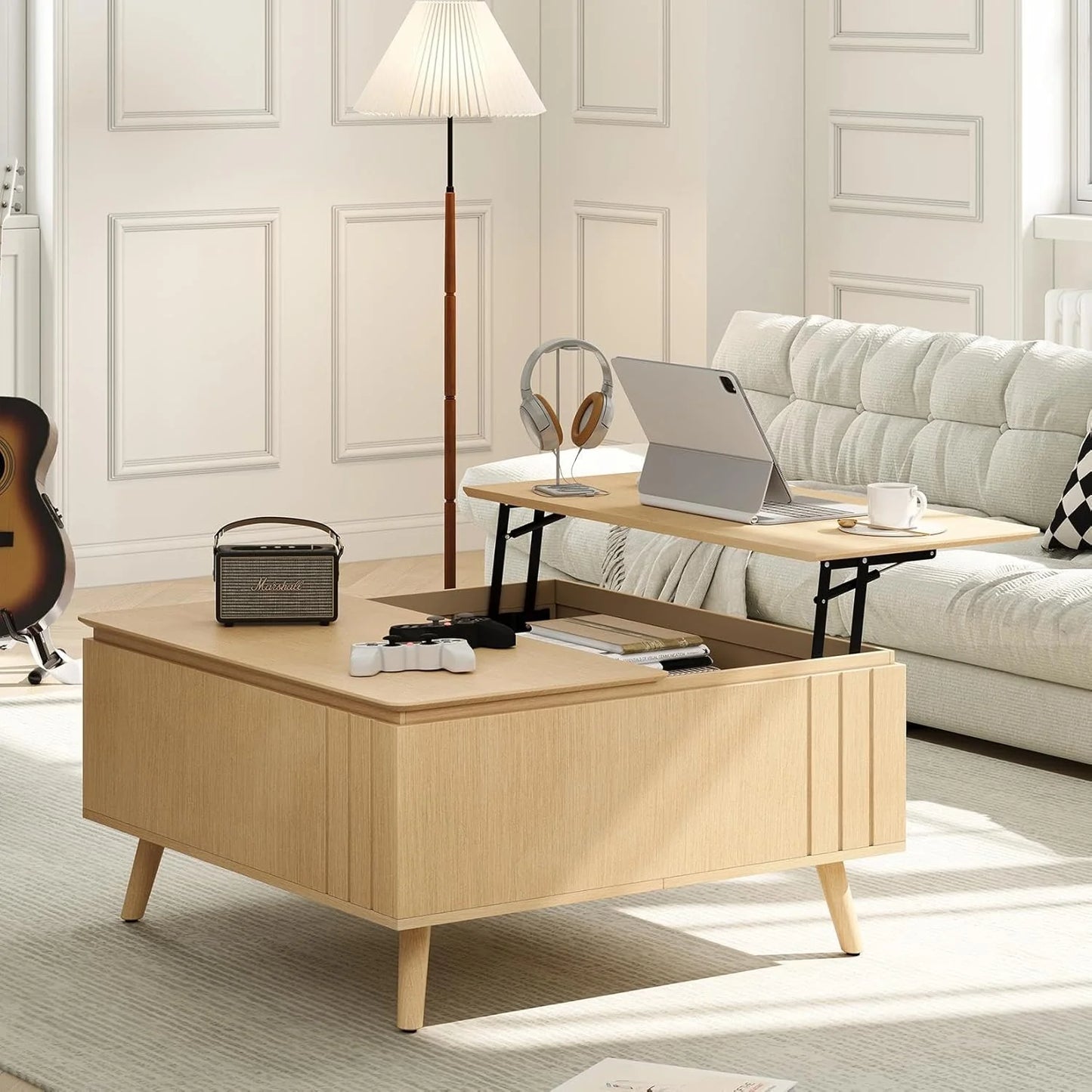 Round Coffee Table with Storage,Fluted Center Table with Sliding Cabinet Door for Living Room,Home Small Space,31.5" Small Center Table,Walnut