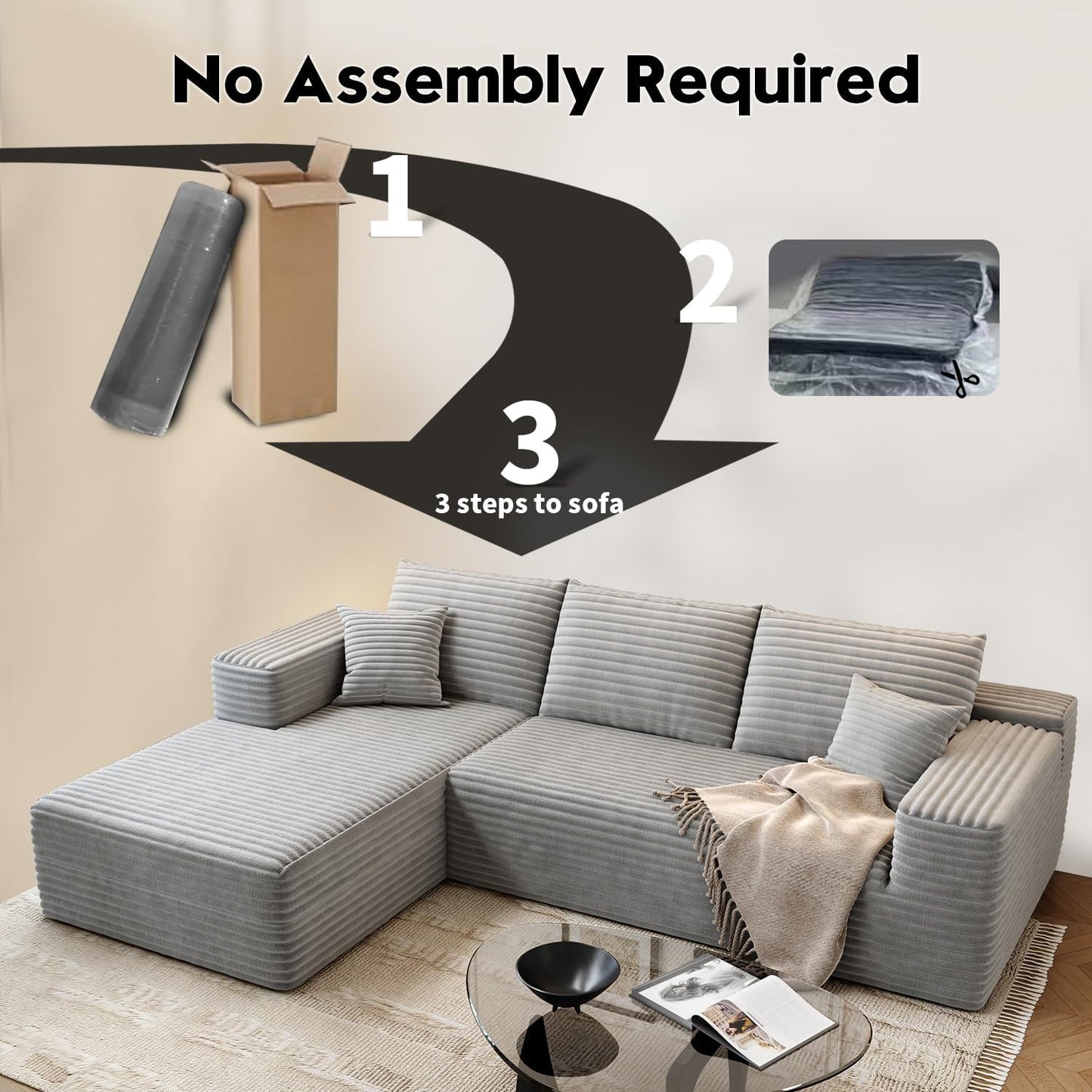 107.5 inch Cloud Modular Sectional Sofa with L-Shaped Chaise Lounge, Modern Minimalist Upholstered Sofa Deep Seating Corner Sofa