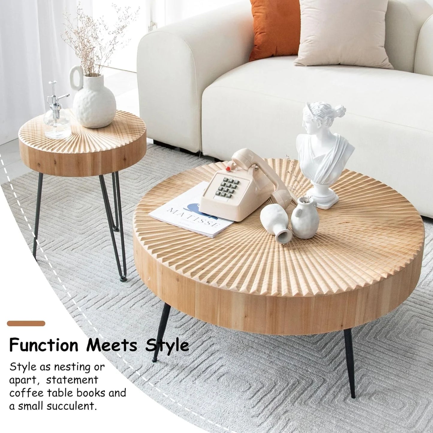 Two-Piece Modern Farmhouse Living Room Coffee Table Set, Round Nesting Tables