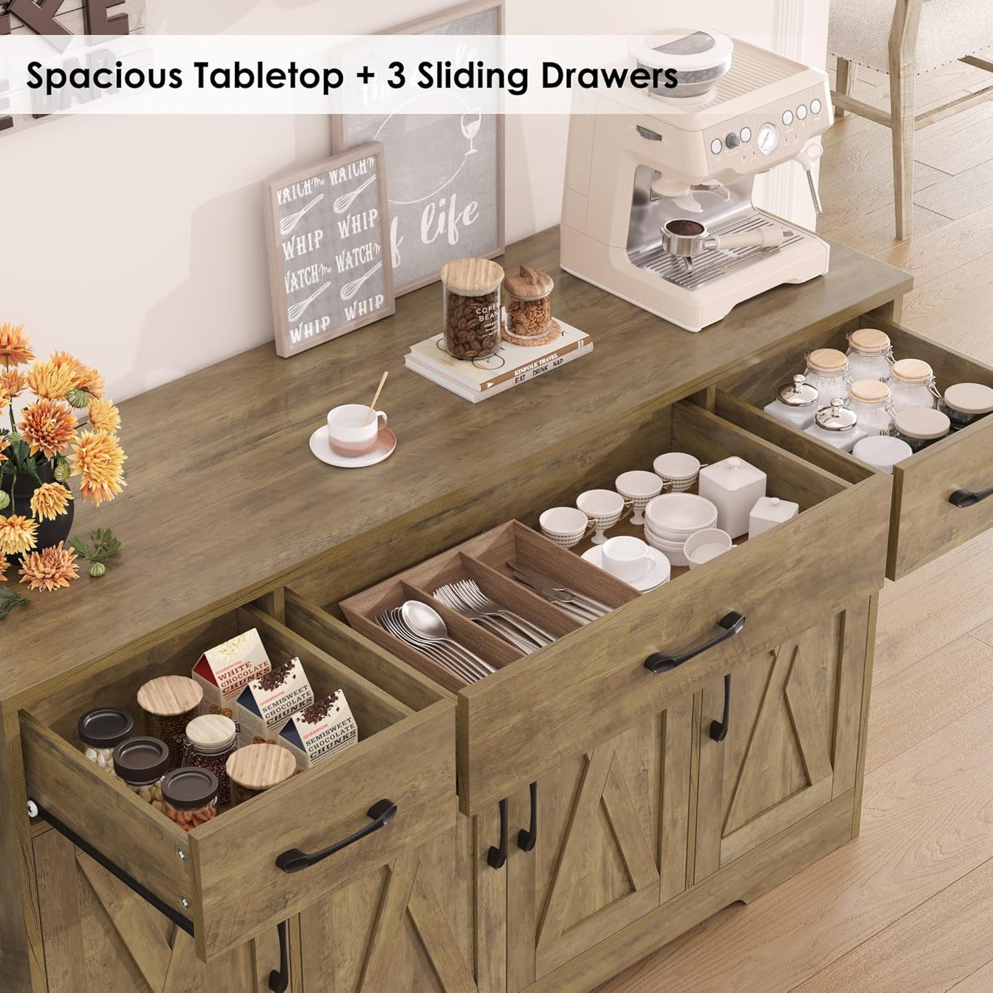 Sideboard with drawers, large 55-inch sideboard, sideboard storage with shelves and doors, modern farmhouse coffee bar wood kitchen dining table