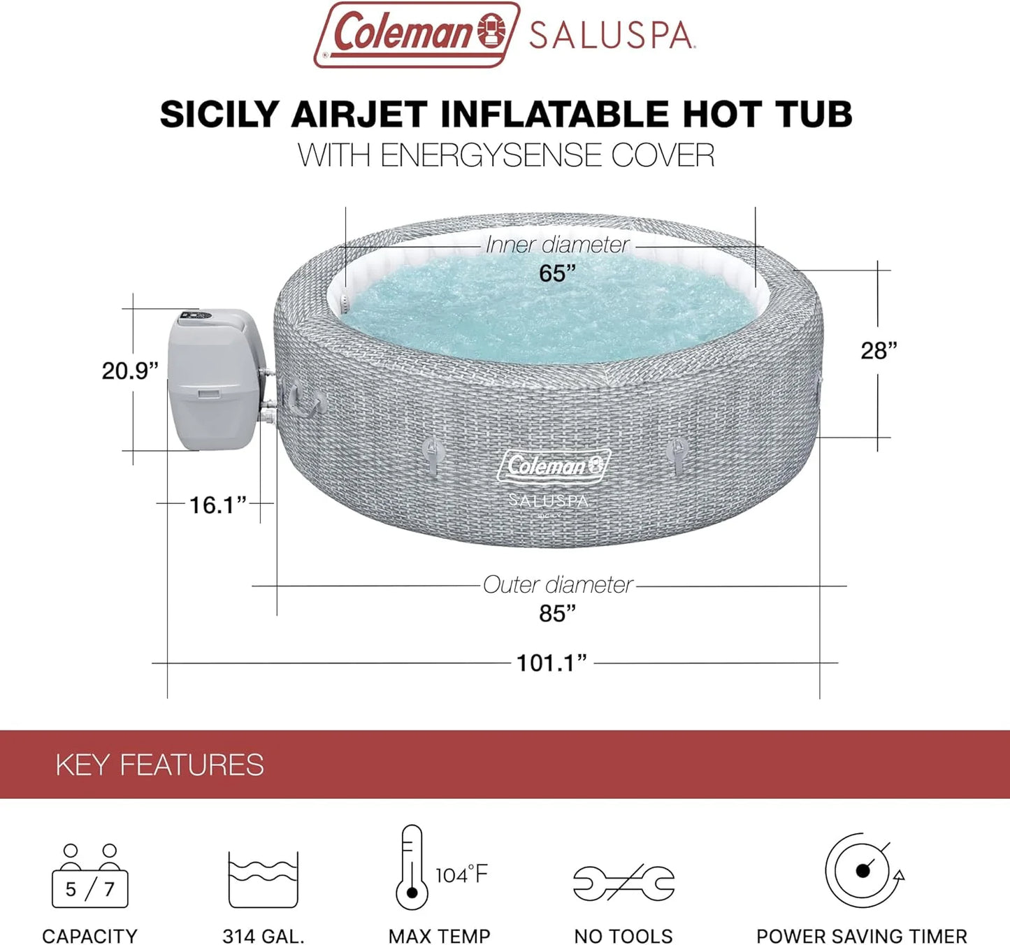 SaluSpa Sicily AirJet 7 Person Inflatable Hot Tub Round Portable Outdoor Spa with 180 Soothing AirJets and Insulated Cover, Gray