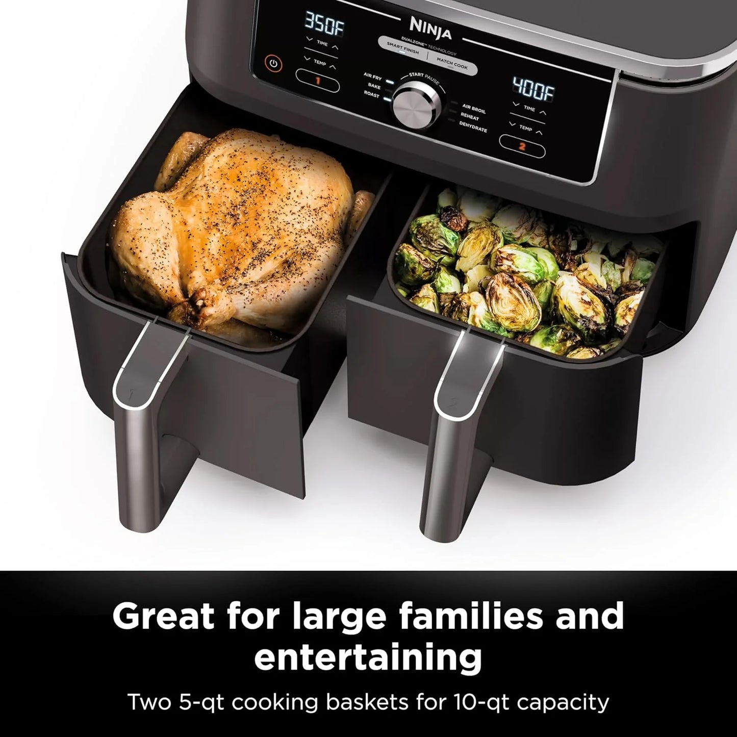 Ninja Foodi 6-in-1 FlexBasket Air Fryer with 7-QT MegaZone & Basket Divider for Large Proteins & Full Meals, Smart Finish Cook 2 Foods 2 Ways, Family Sized Capacity, Air Fry, Roast & More