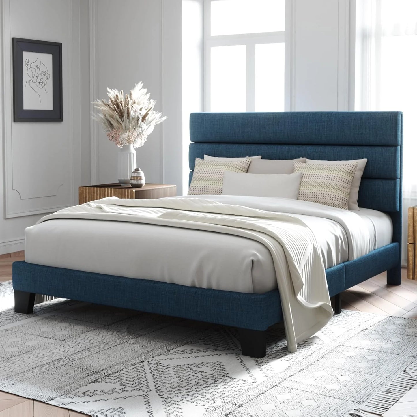 Allewie Queen Size Platform Bed Frame with Fabric Upholstered Headboard and Wooden Slats Support, Fully Upholstered Mattress Foundation/No Box Spring Needed