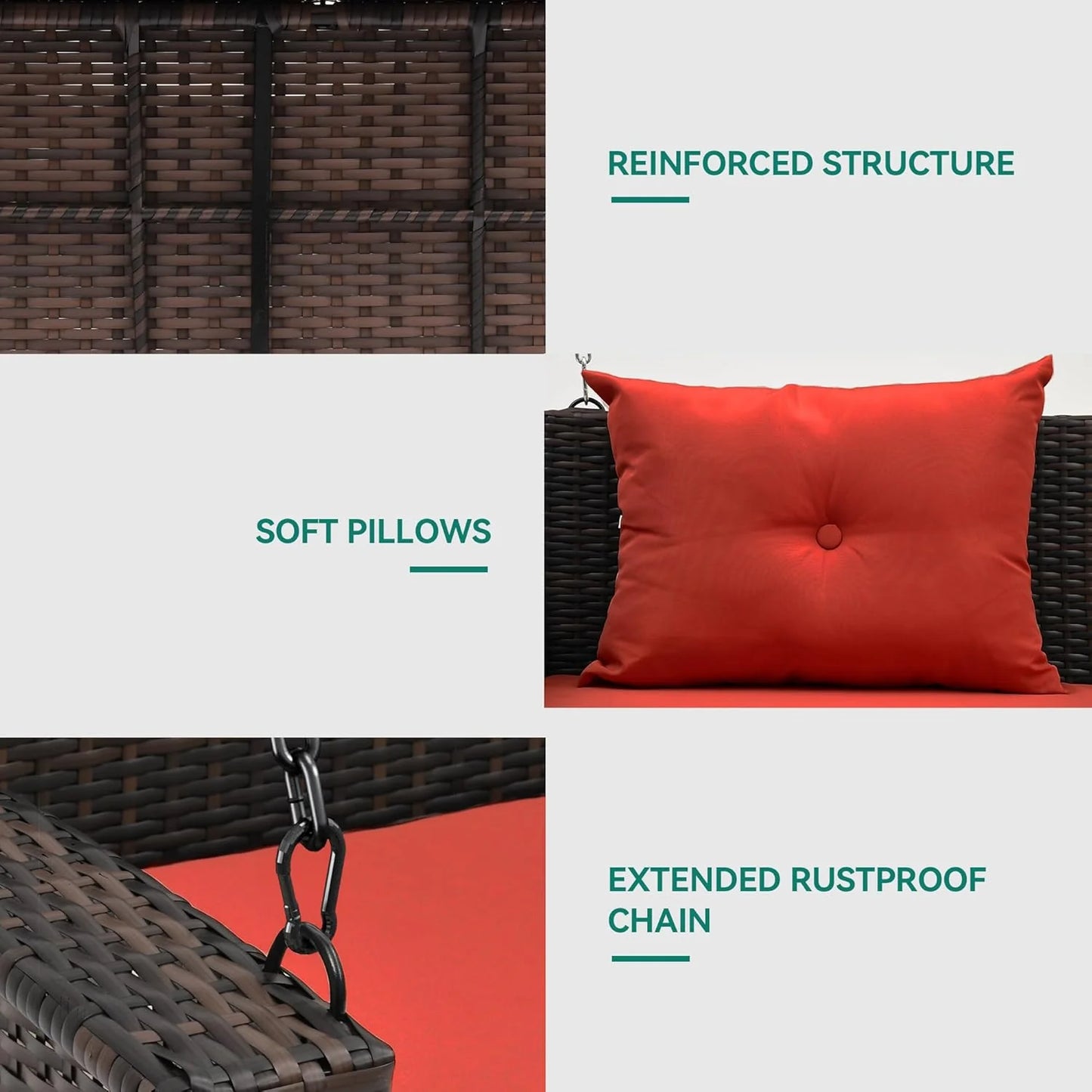 YITAHOME Hanging Porch Swing Chair Sits 3 People, Wicker Outdoor Swing Bench, Patio Lounge Chair, 1 Seating Cushion and 3 Back Cushions, w/Removable Covers, for Garden, Balcony, Backyard, Brown