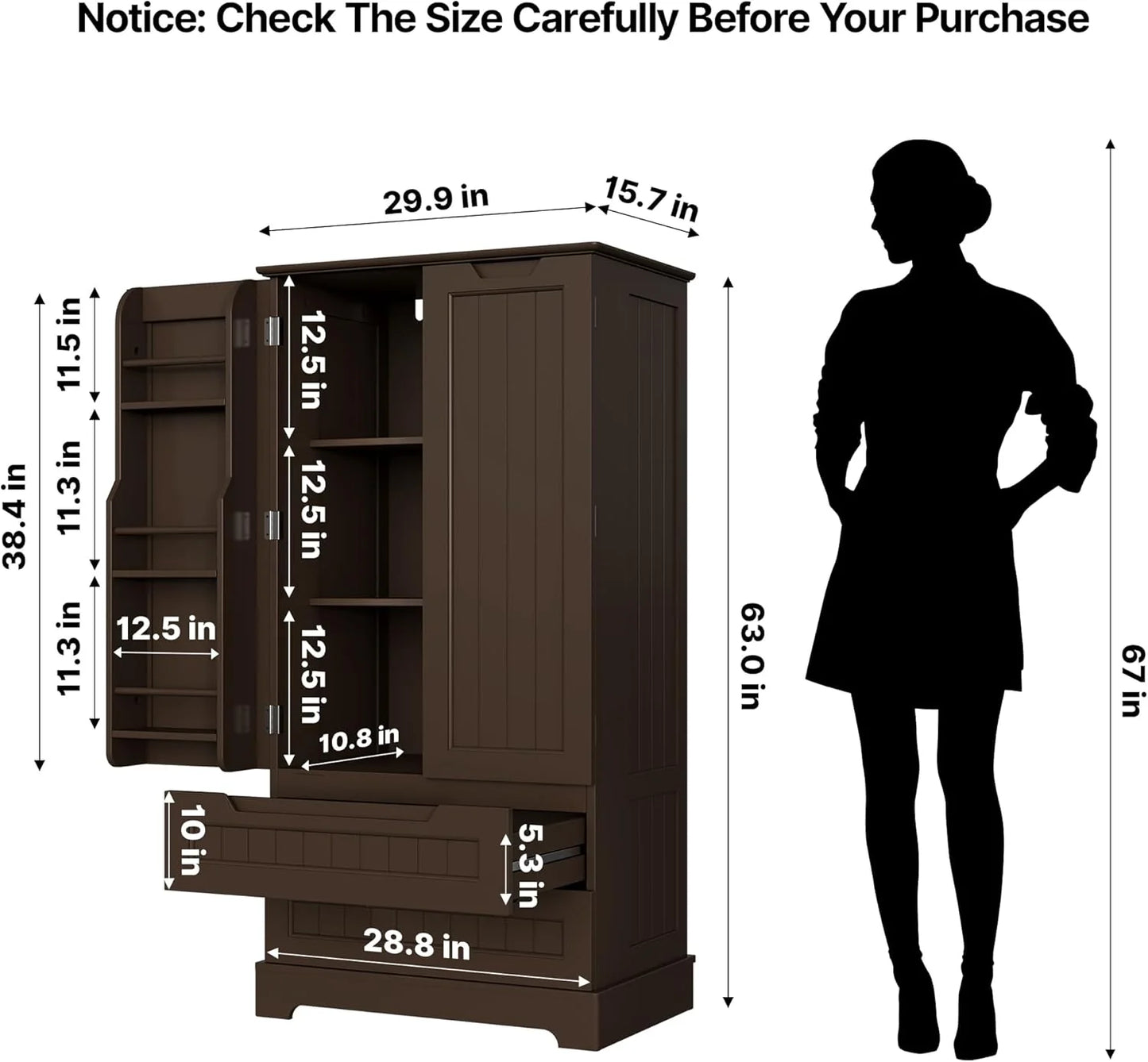 Gizoon Kitchen Pantry Cabinet with Drawers Freestanding Bathroom Storage Cabinet with Doors and Shelves, 47 Inch Small Pantry Cabinet
