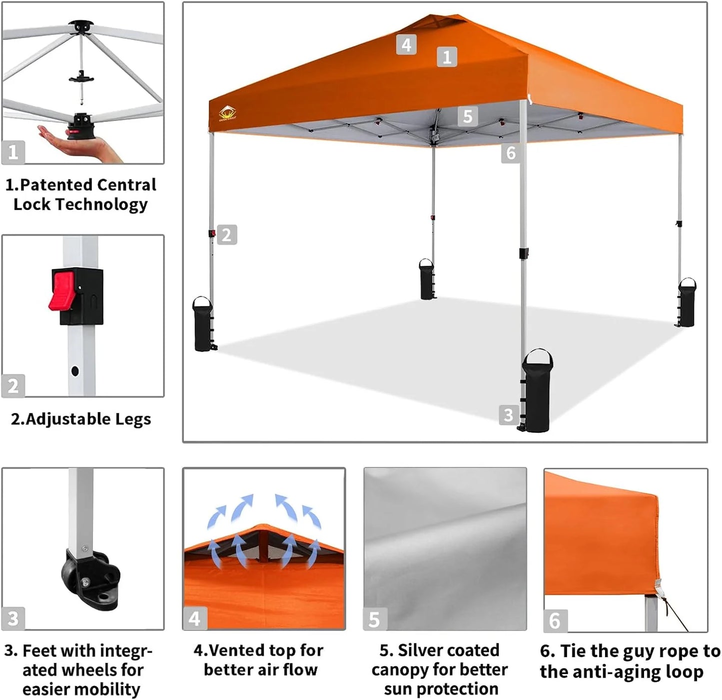 10x10 Pop-Up Awning - One-Click Installation Beach Tent - Outdoor Sunshade Silver Coated Top, 3 Heights and 4 Sand Pockets