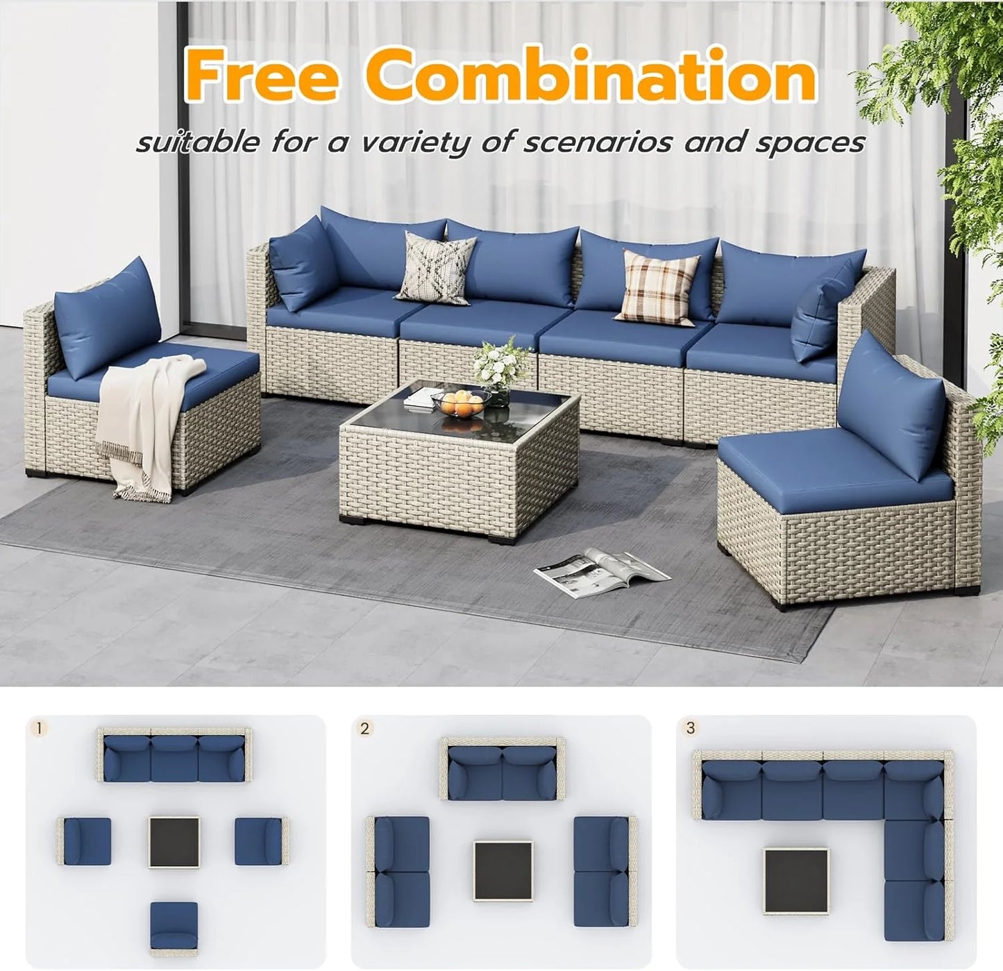 UDPATIO Outdoor Patio Furniture Set, 7-Piece PE Wicker Sectional Sofa with Tea Table, Outdoor Conversation Set