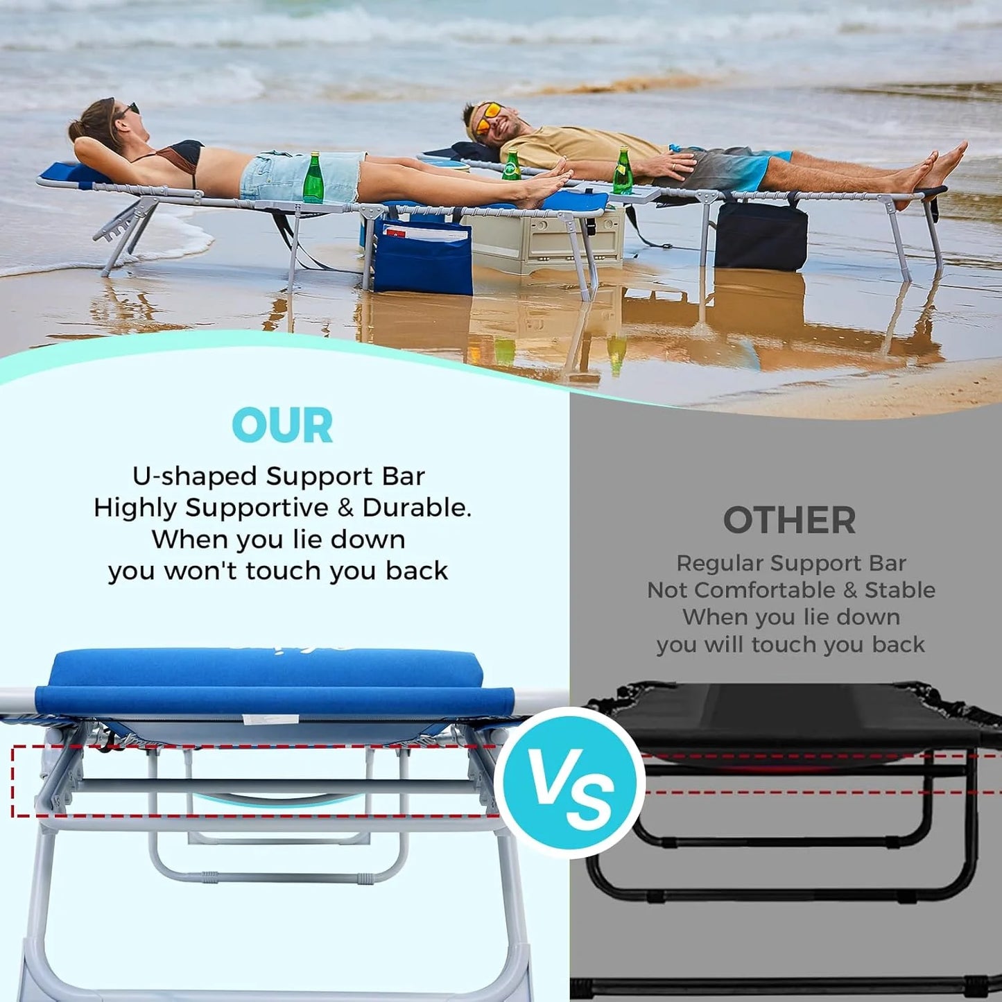 2 Pack Outdoor Chaise Lounge Chair - Portable Folding Patio Pool Lounge Chair, 5 Positions Adjustable Reclining Camping Chair with Side Table,Shoulder Strap, Pillow for Beach Sunbathing Lawn