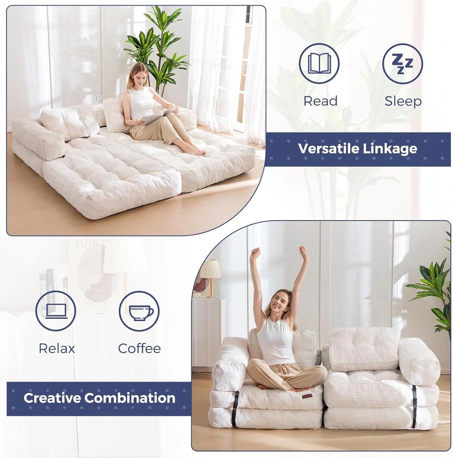 Folding Sofa Bed, L-Shaped Convertible Sofa Bed with Armrests and Pillows,