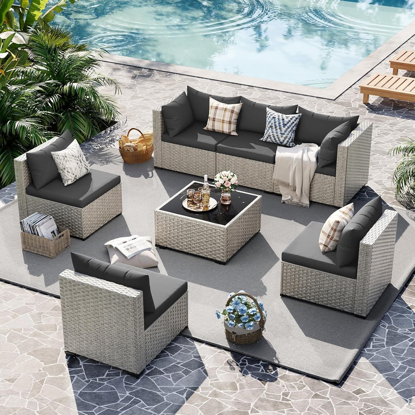 UDPATIO Outdoor Patio Furniture Set, 7-Piece PE Wicker Sectional Sofa with Tea Table, Outdoor Conversation Set