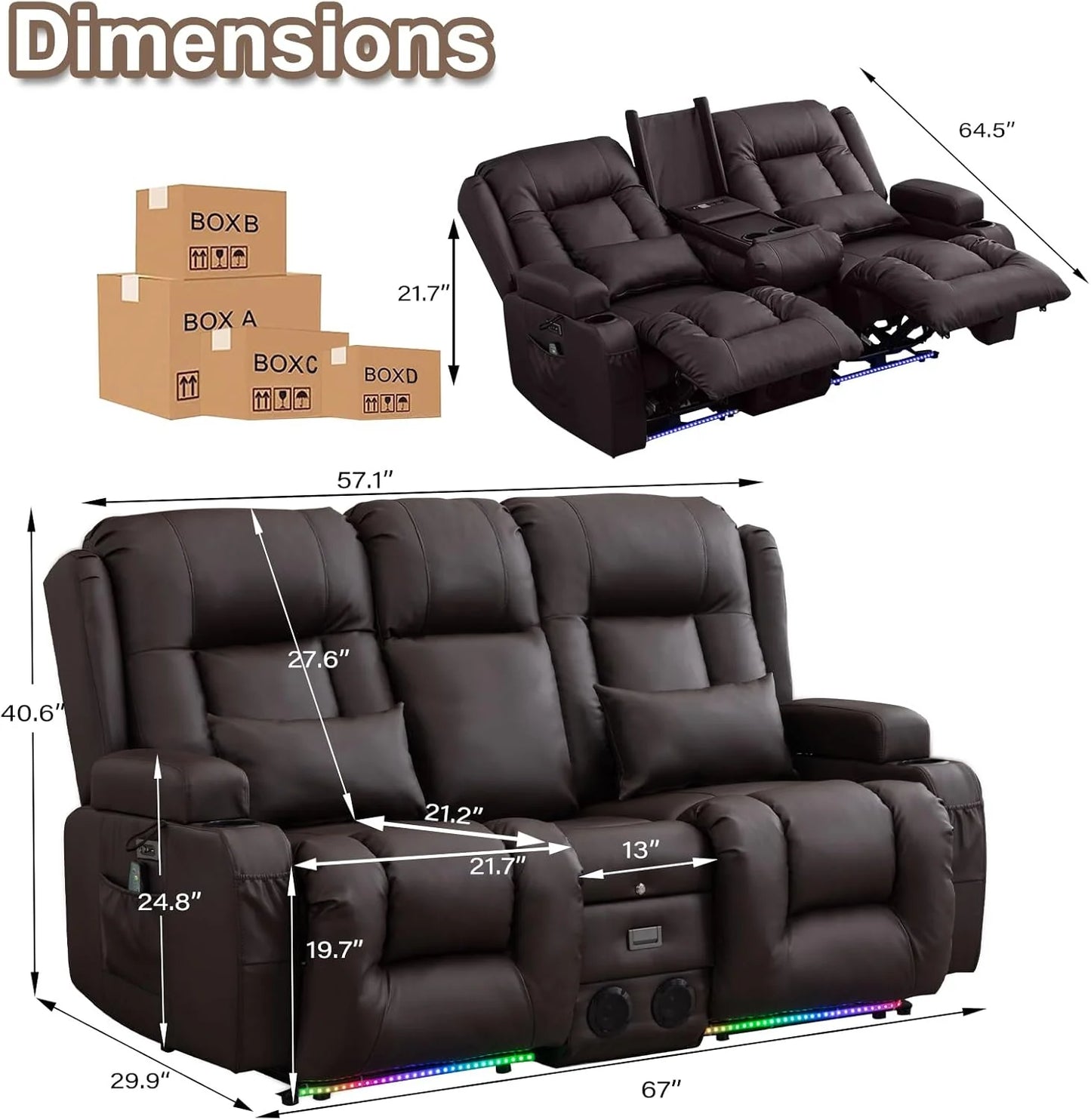 TUNYI Power Loveseat Recliner Sofa with Massage & Heat Home Theater Seating with Console Electric Recliner RV Sofa with USB/Outlet/Storage/Side Pocket/LED Light/Speaker (Brown, Loveseat)