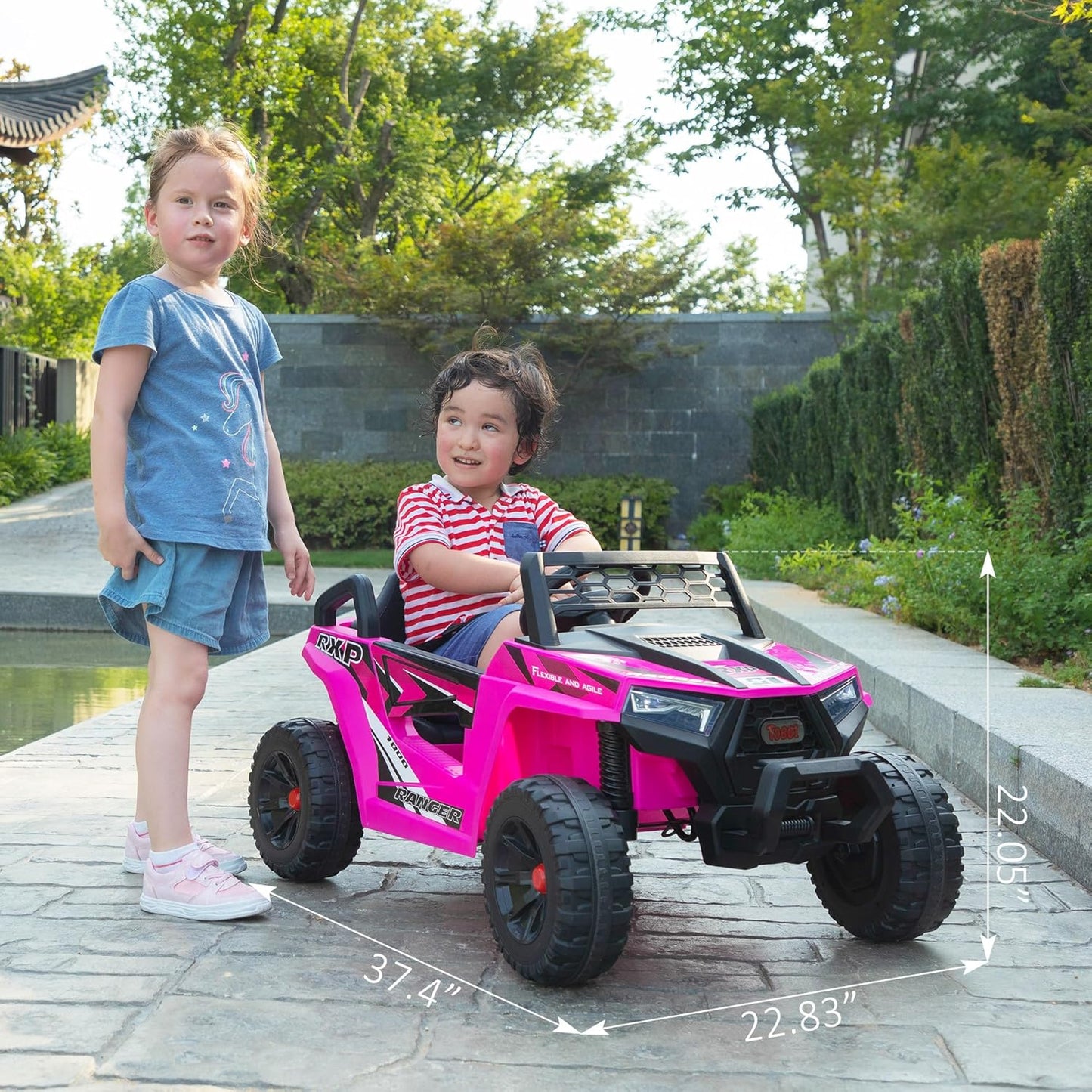 TOBBI 12V Kids Ride on Car, Electric Off-Road UTV Truck with Diverse Functions, Double Open Doors, Safety Belt, Horn, Music, and Lights for Kids Aged 3-5 Years (Rose Red)