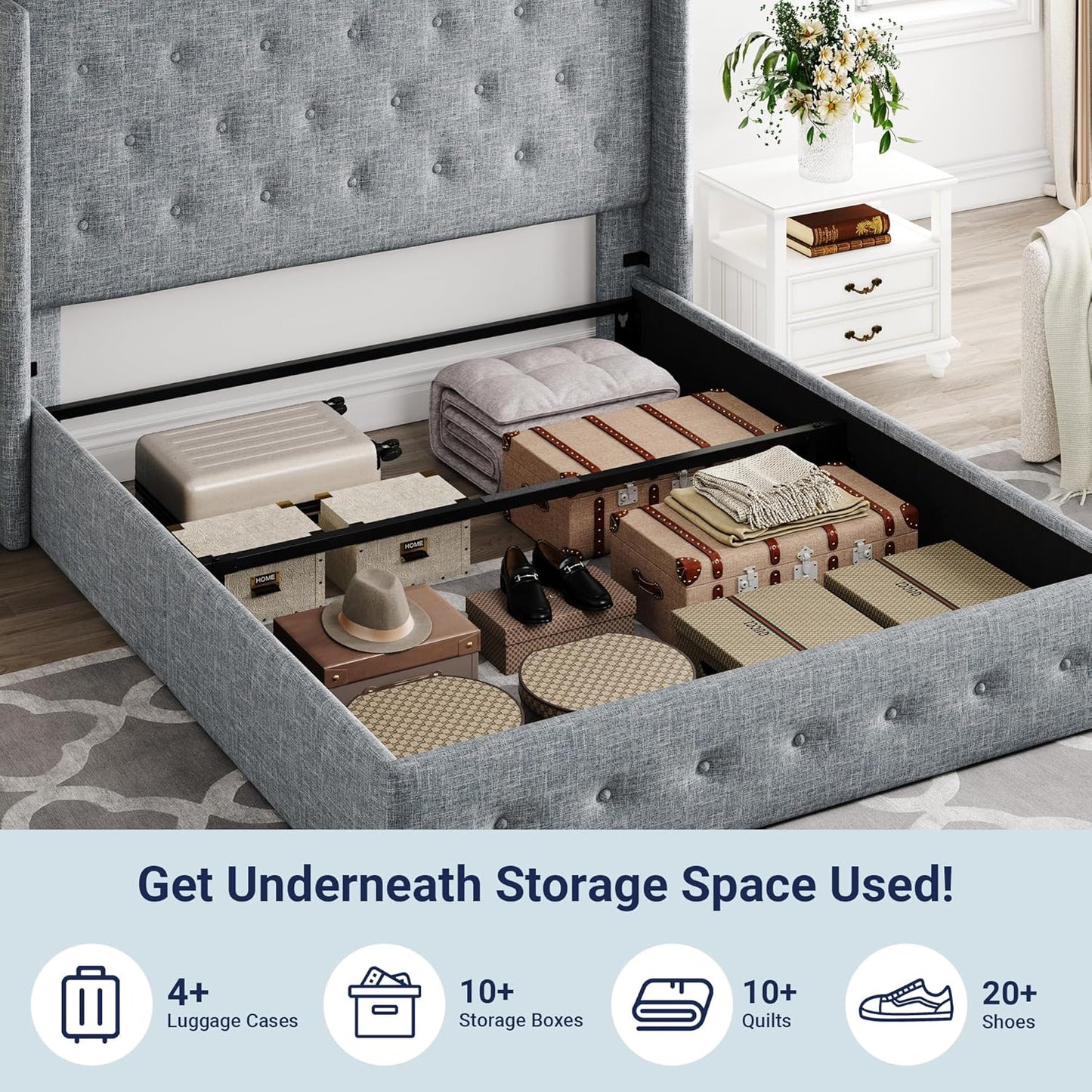 Allewie Queen Size Lift Up Storage Bed, Modern Wingback Headboard, Hydraulic Support, No Box Spring Needed, Light Beige