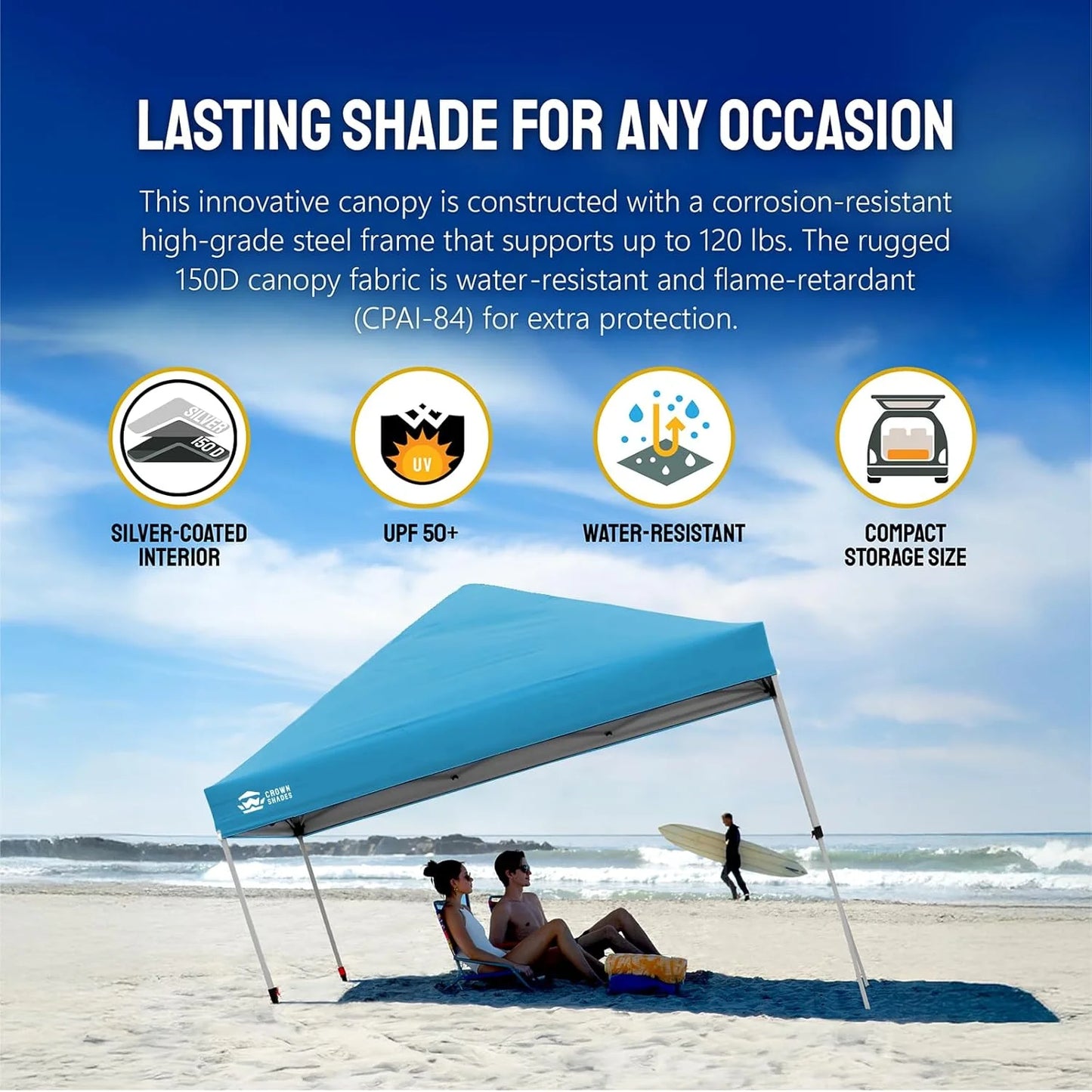10x10 Pop-Up Awning - One-Click Installation Beach Tent - Outdoor Sunshade Silver Coated Top, 3 Heights and 4 Sand Pockets