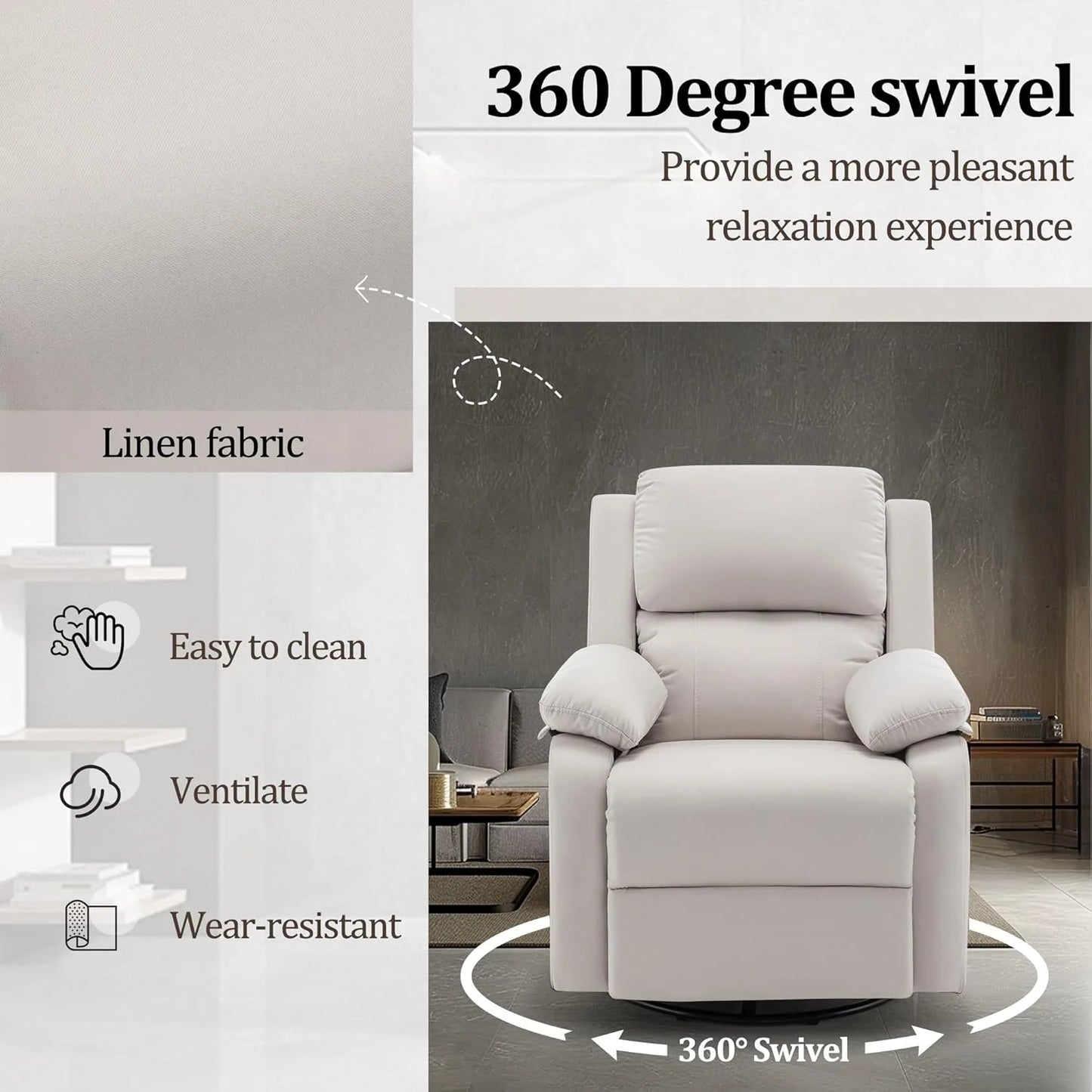 Reclining rocking chair 360 degree rotating fabric sliding reclining chair