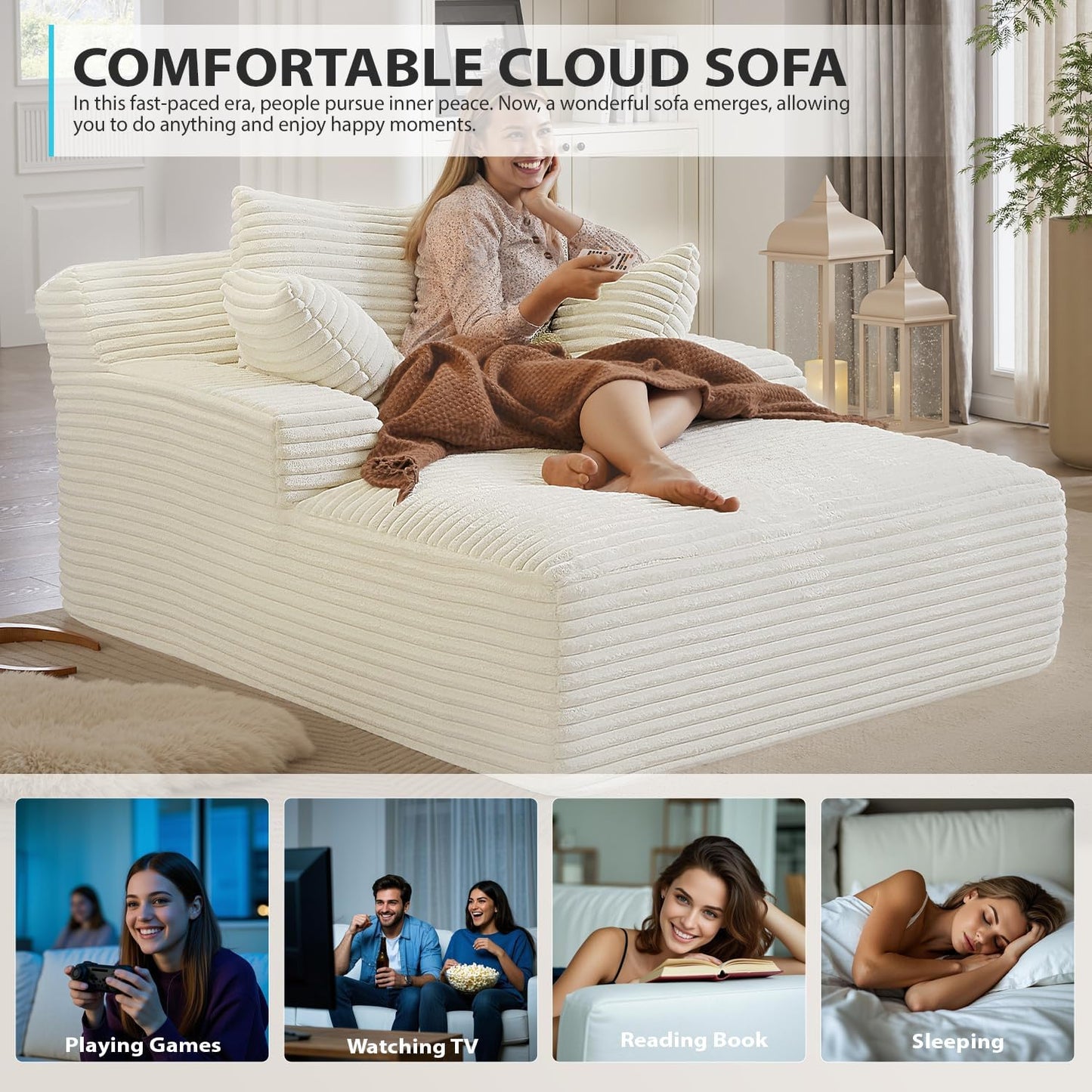 50-inch indoor recliner, oversized corduroy upholstered boneless sofa bed, deep sleeper sofa reading chair, cloud sofa, living room sofa