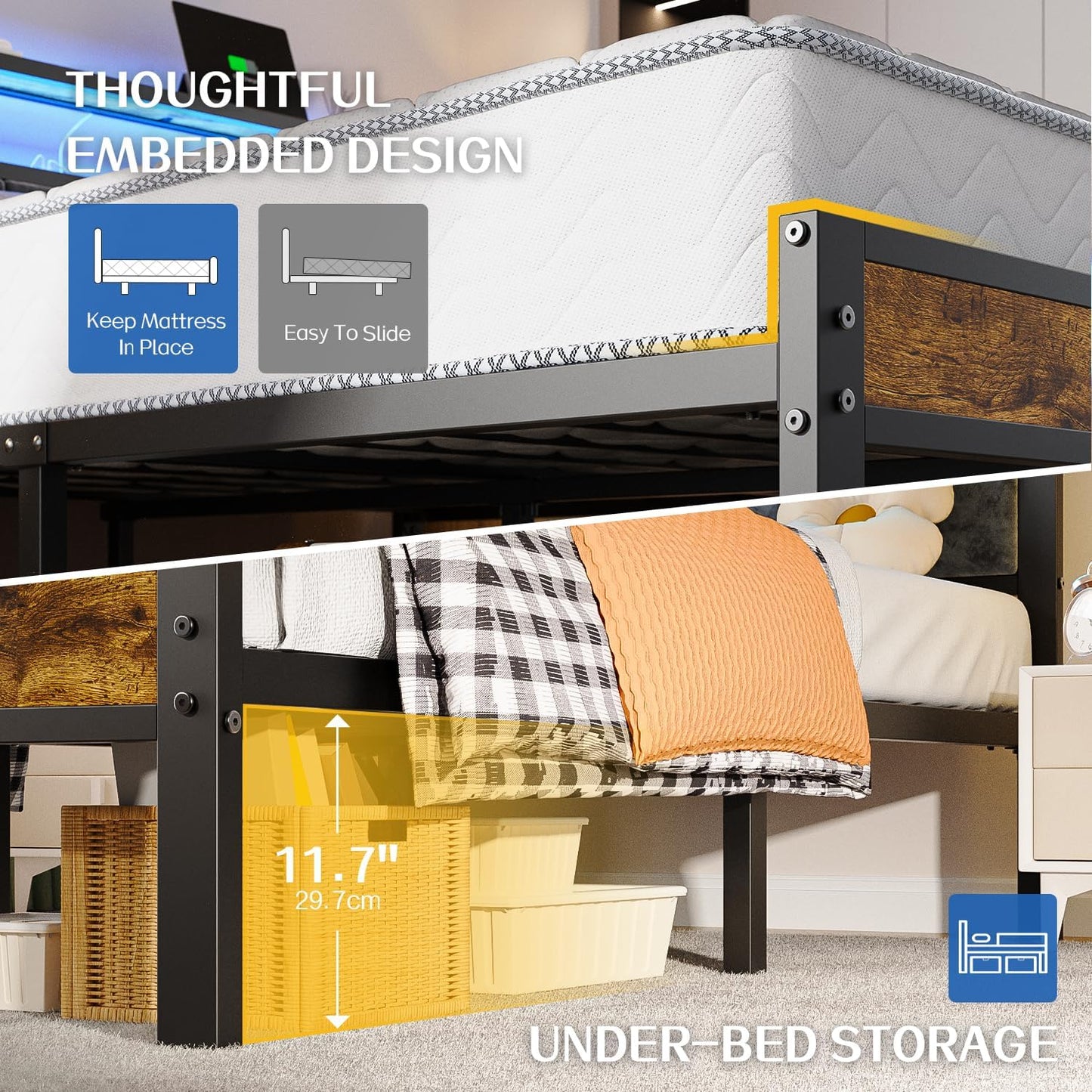 Queen Size Bed Frame with 2-Tier Storage Shelves Headboard, Platform Bed with Charging Station, LED Lights No Box Spring Needed Noise Free