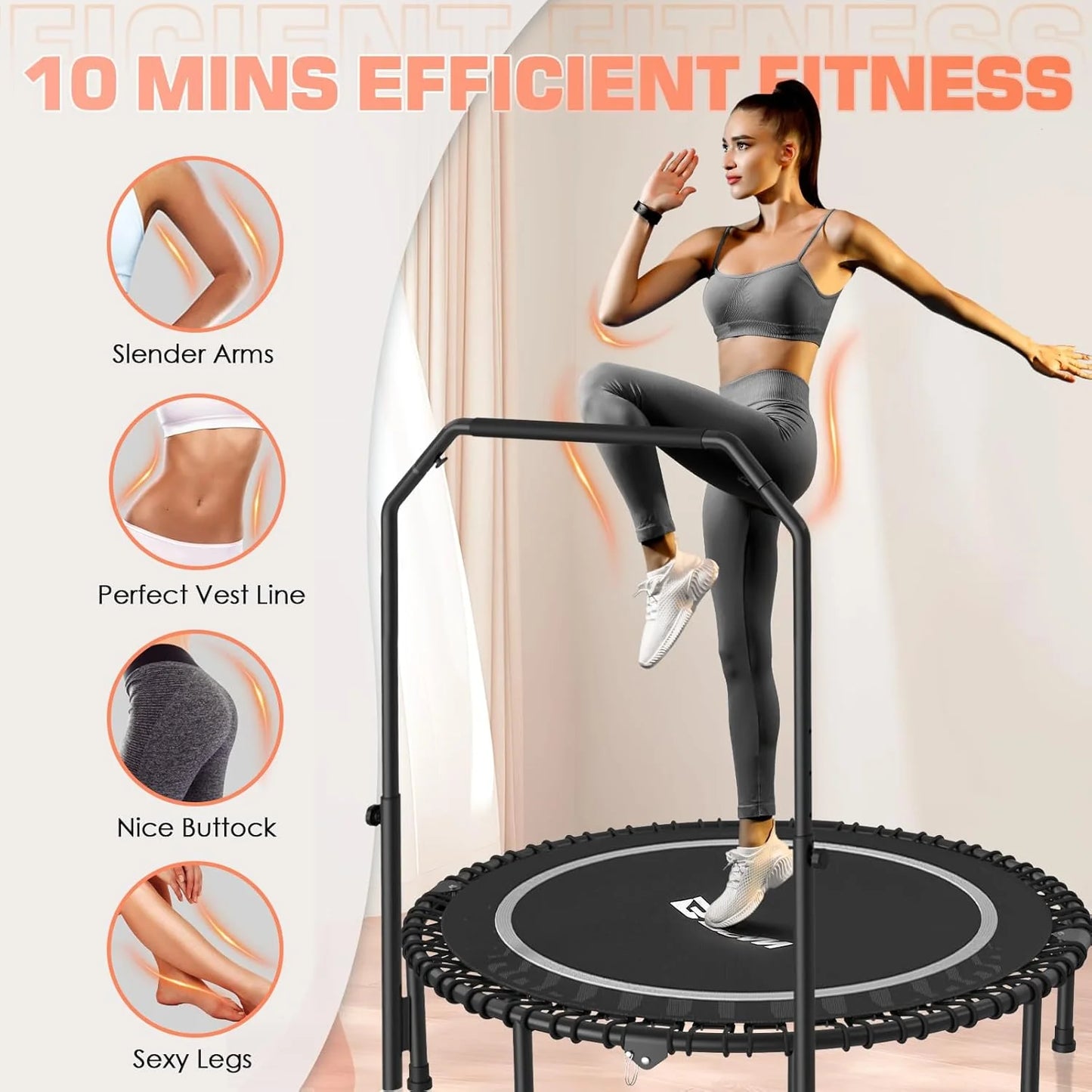 BCAN 450/550 LBS Foldable Mini Trampoline, 40"/48" Fitness Trampoline with Bungees, U Shape Adjustable Foam Handle, Stable & Quiet Exercise Rebounder for Adults Indoor/Outdoor Workout