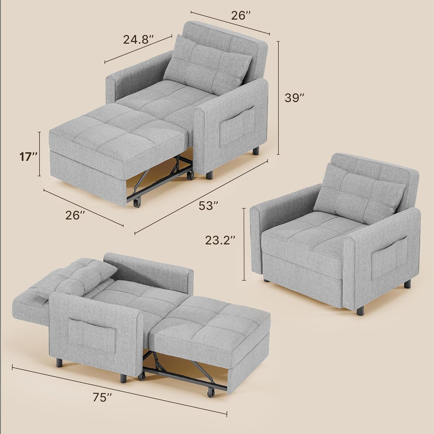 Sofa Bed Chair 3 in 1 Convertible, Pullout Single Sleeper Chair Bed with Adjustable Backrest, Spacious Multifunctional Sofa Couches