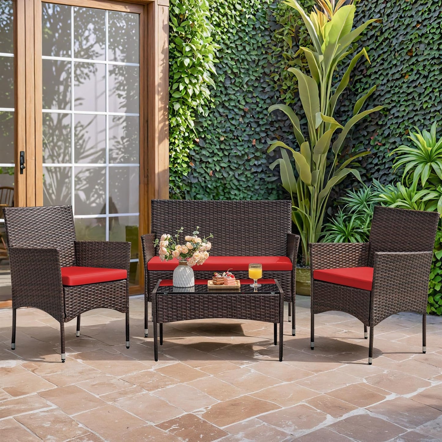 4 piece outdoor patio furniture set rattan chair wicker set