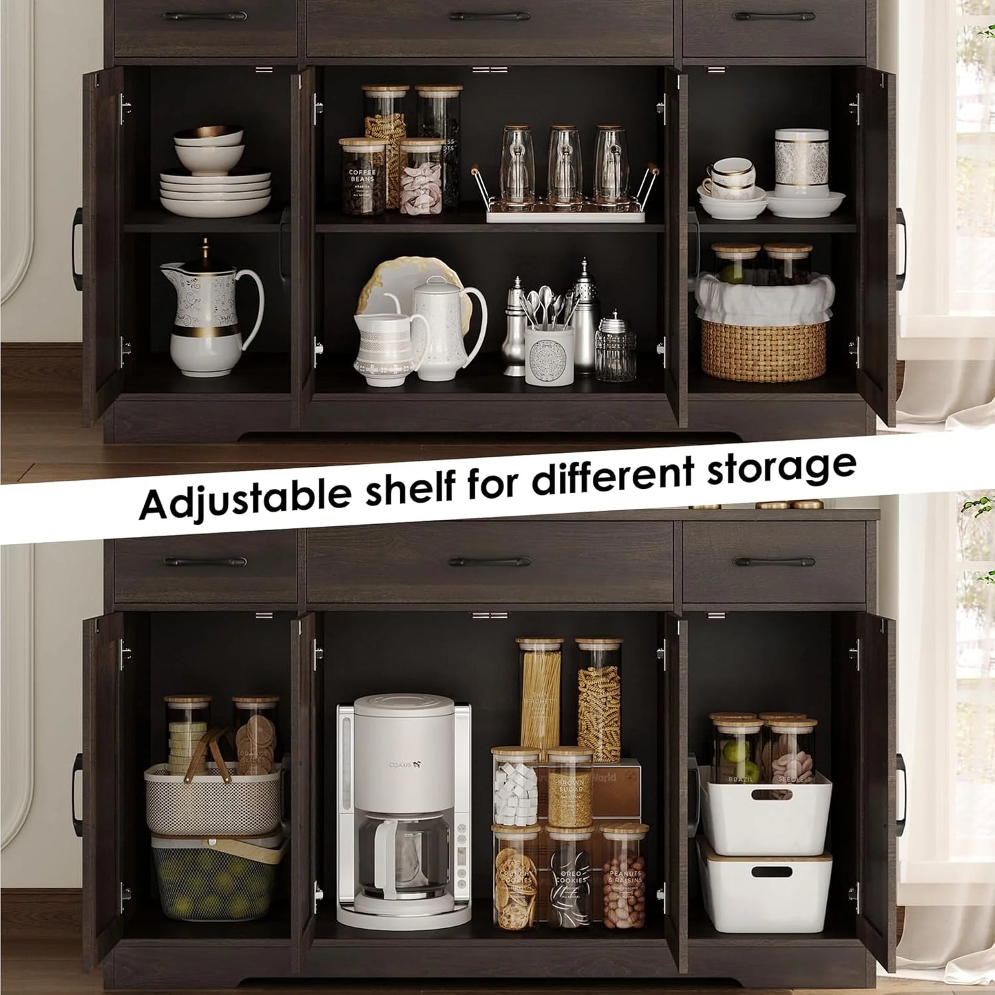 Sideboard with drawers, large 55-inch sideboard, sideboard storage with shelves and doors, modern farmhouse coffee bar wood kitchen dining table