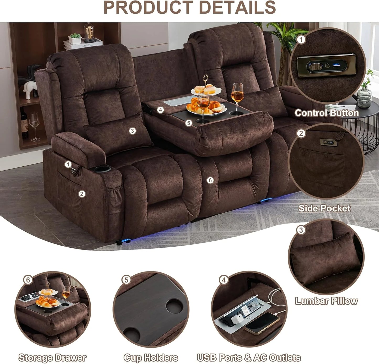 TUNYI Power Loveseat Recliner Sofa with Massage & Heat Home Theater Seating with Console Electric Recliner RV Sofa with USB/Outlet/Storage/Side Pocket/LED Light/Speaker (Brown, Loveseat)