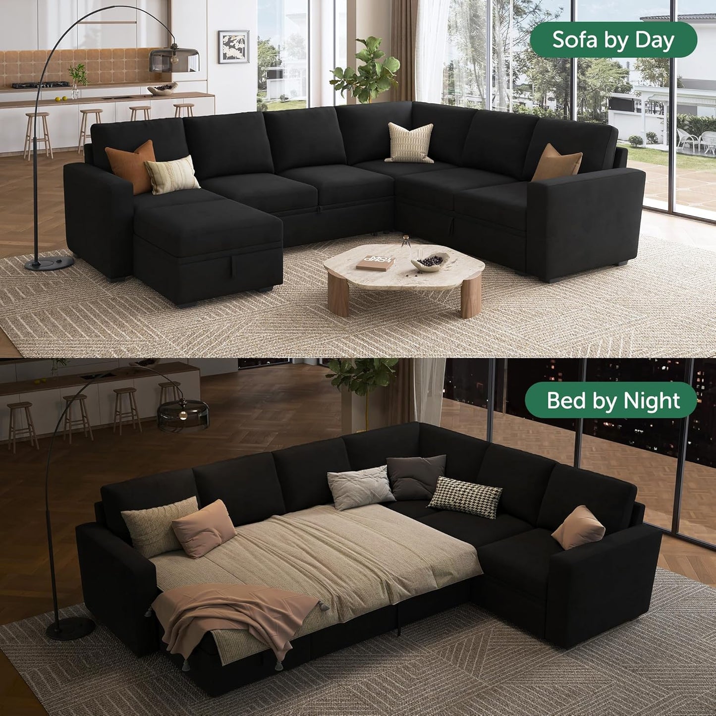 HONBAY Modular Sectional Sleeper Sofa with Pull Out Bed, L Shaped Couch with Storage Seat, Convertible Sectional Couches for Living Room