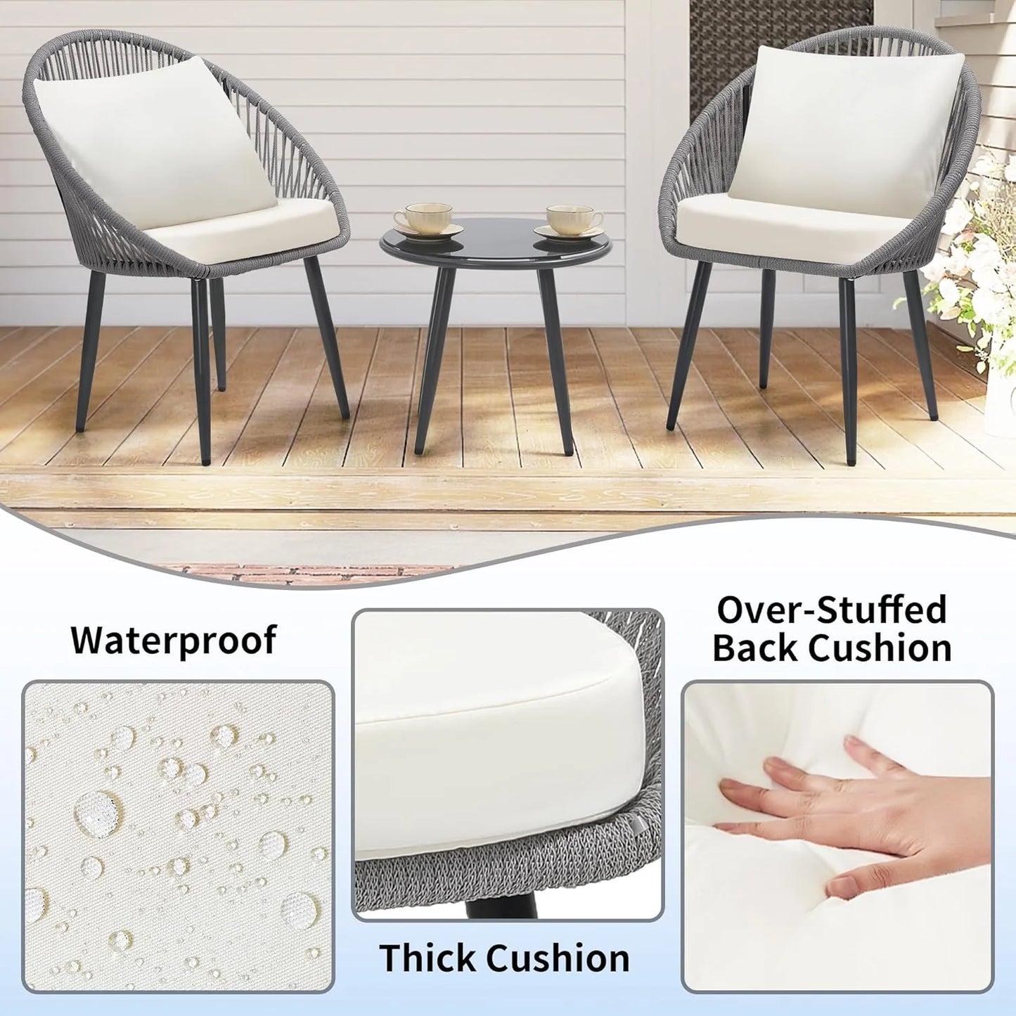 3 Piece Bistro Set, Woven Rope Chair with Cushions, All Weather Patio Conversation Set with Side Table, Ideal for Deck, Balcony, Poolside, Black