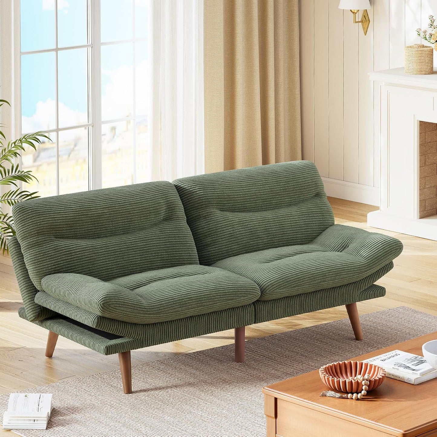 Futon Sofa Bed, Futon Sofa with Adjustable Back and Armrests, Converts to Small Sleeper Sofa Bed Corduroy Loveseat Green