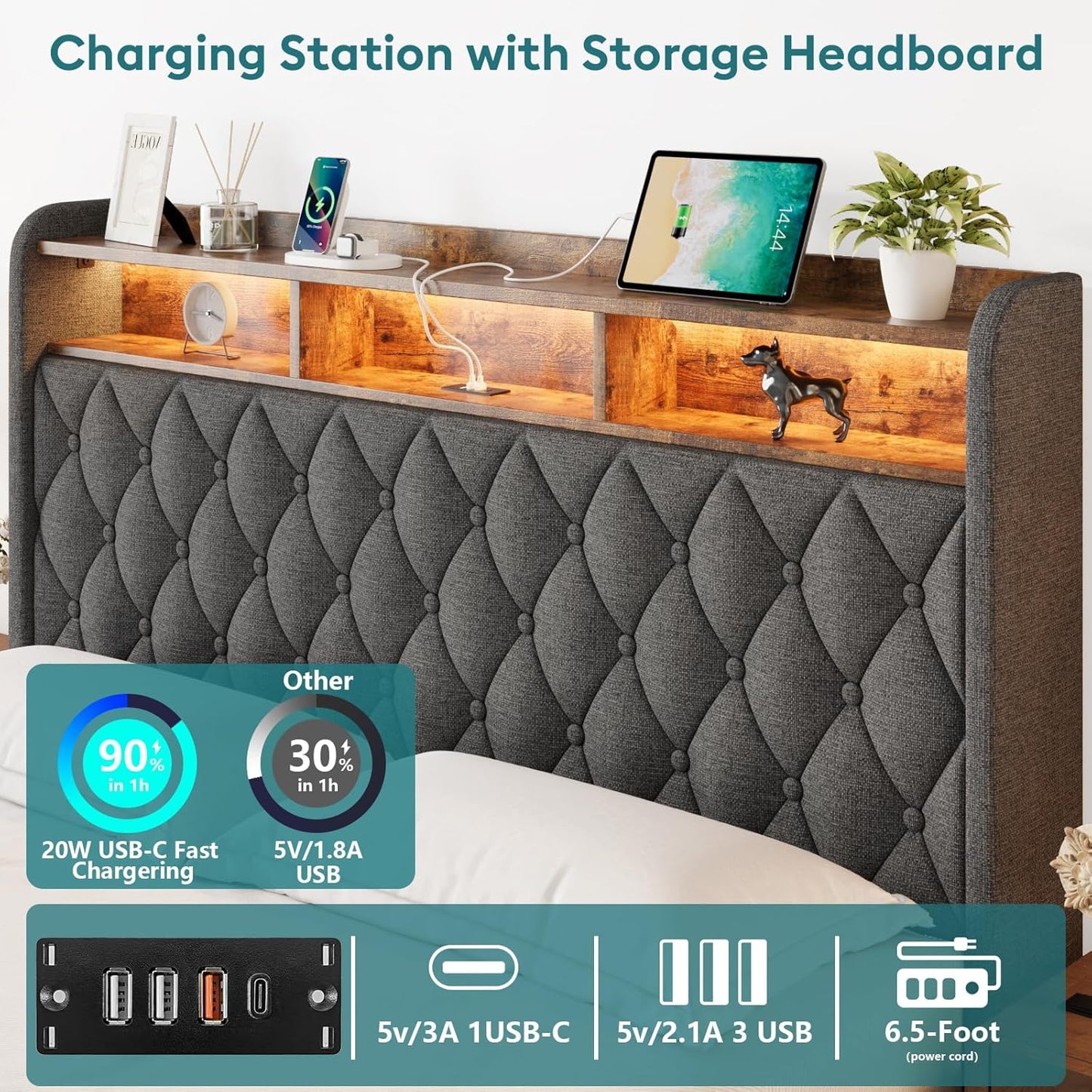 Queen Bed Frame with Storage - Lift Up Queen Size Bed Frame with Headboard, Upholstered Platform Bed with LED Lights & Charging Station, Hydraulic No Box Spring Needed Wood Slats Support, Beige