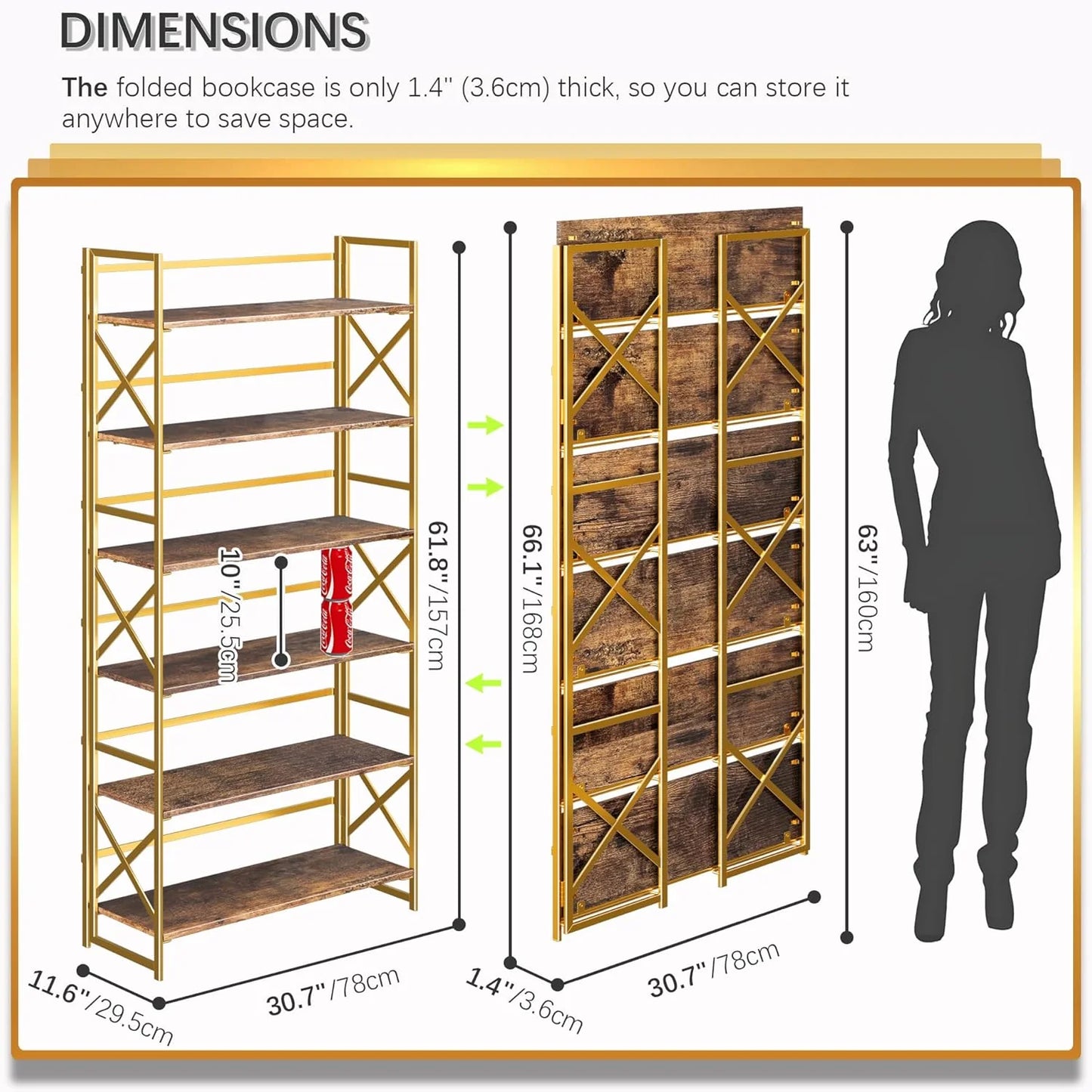 5 Tiers No Assembly Book Shelves 51.2" H Folding Bookshelf Bookcase