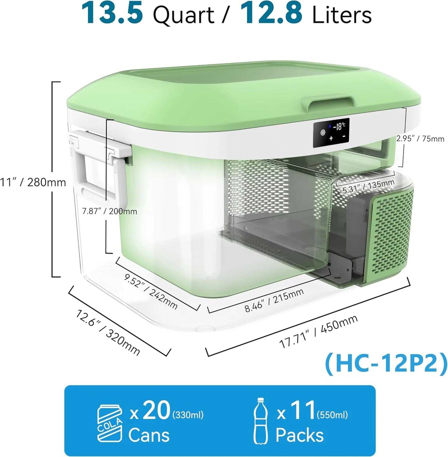 Car Fridge Portable 12 Volt Refrigerator 23 Quart (22 Liter) Freezer Compressor Cooler 12V/24V DC 110～240 V AC for Outdoor, Camping, Travel, Home Use -18℃~+15℃ (Green)