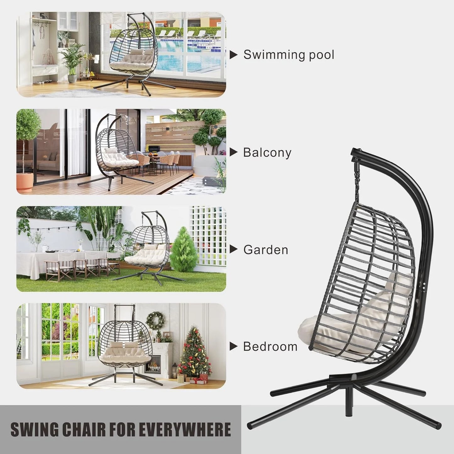 HWB Hanging Egg Chair with Stand, Patio Wicker Hammock Egg Swing Chair with Cushion for Bedroom Garden Indoor Outdoor (Beige)