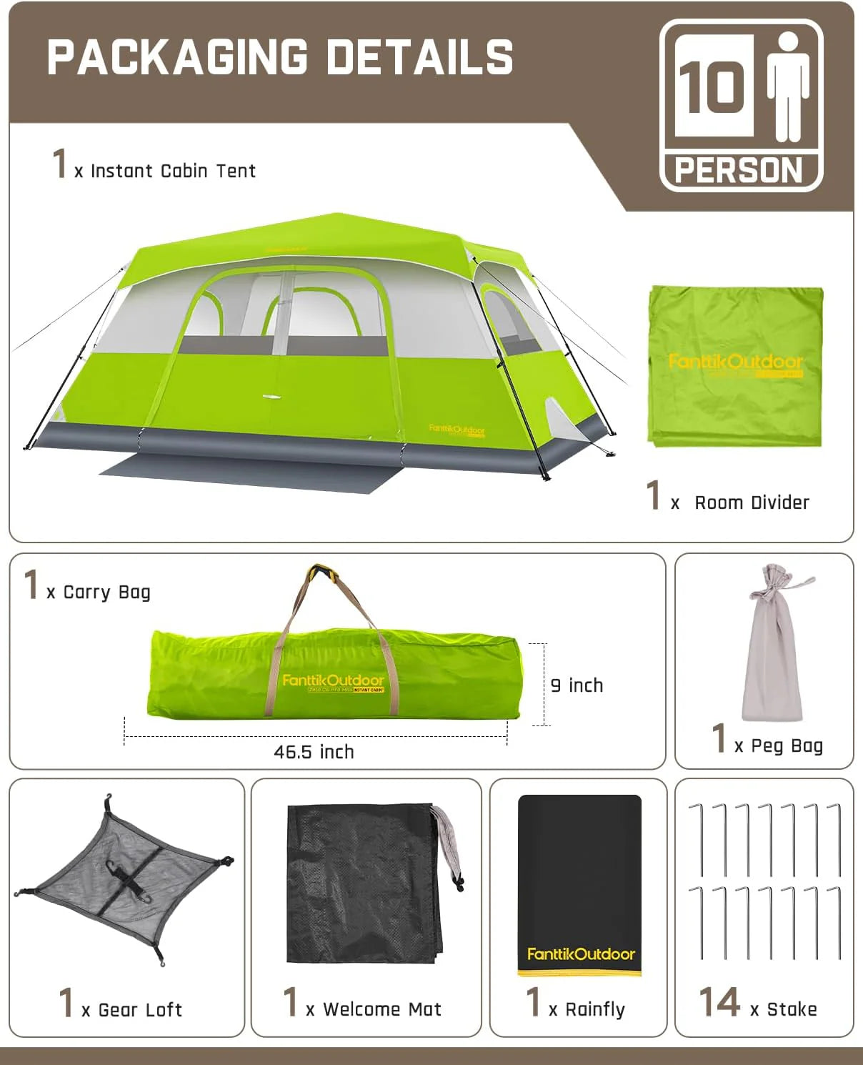 Portable camping tent for 4/6/8/10 people with instant cabin and rainproof and windproof