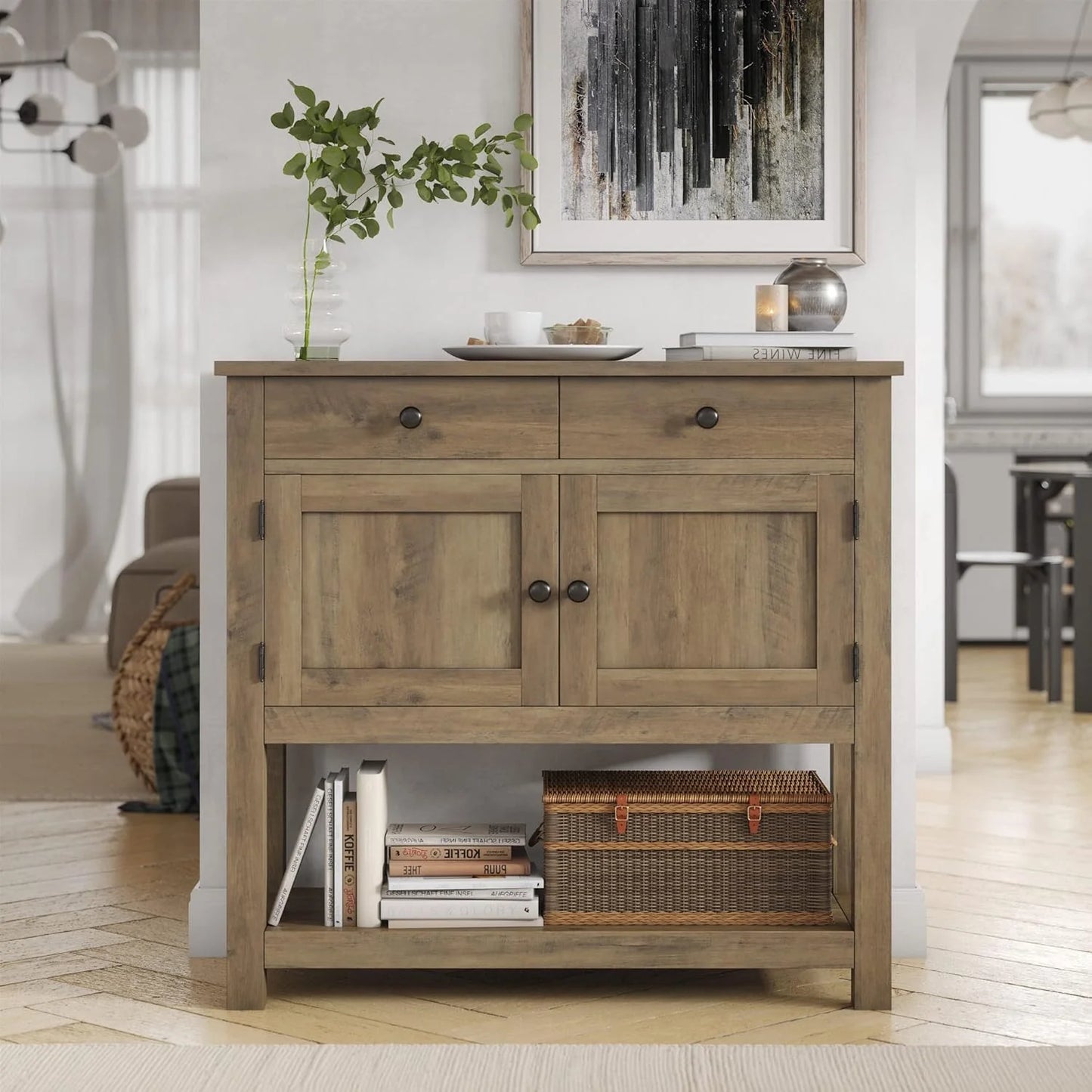 Farmhouse style console table coffee bar, entry table with storage rack, sofa table buffet sideboard