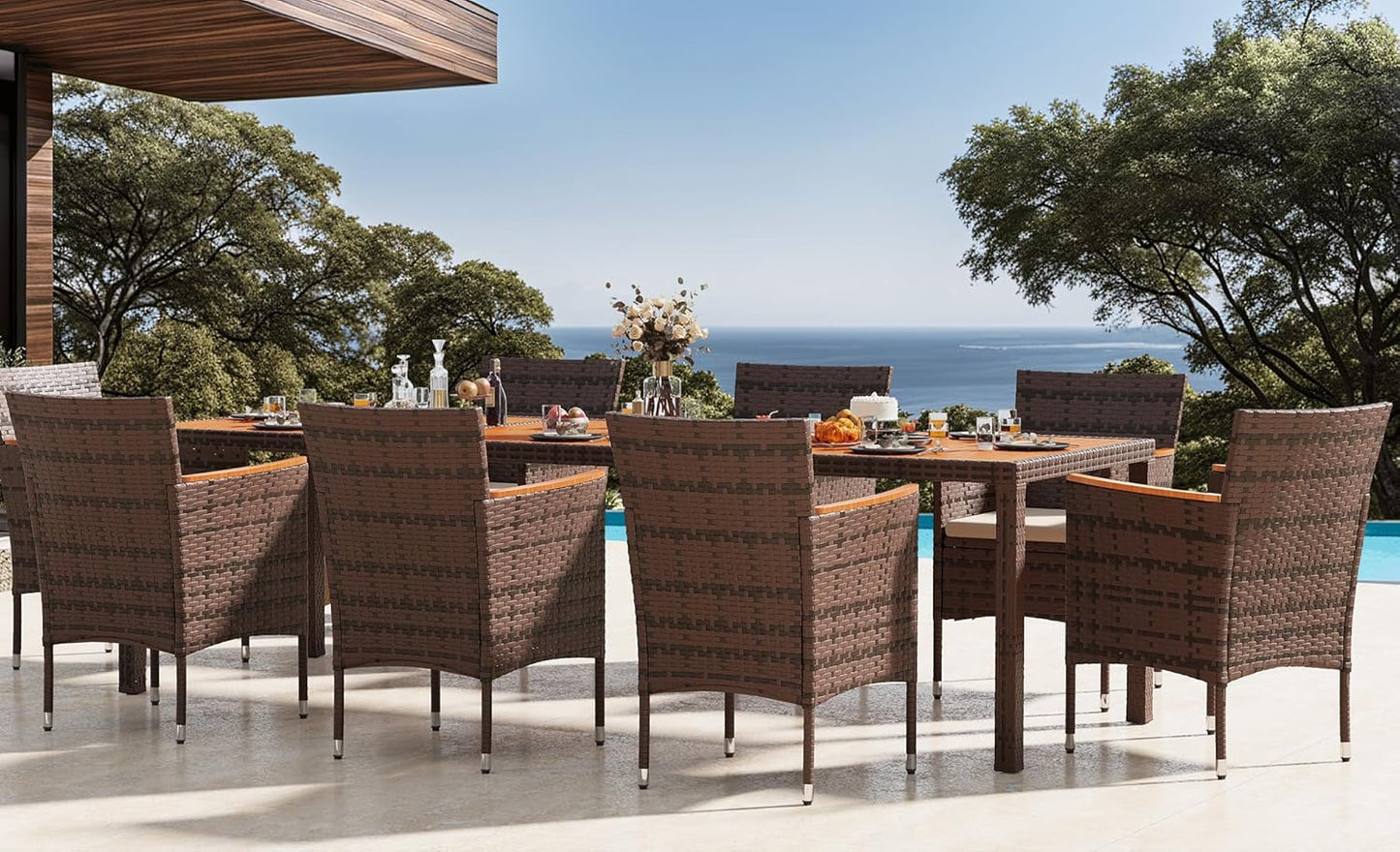 Devoko Dining 7 PCS Furniture, Patio Conversation Set with Acacia Wood Table Top, Rattan Outdoor, Black