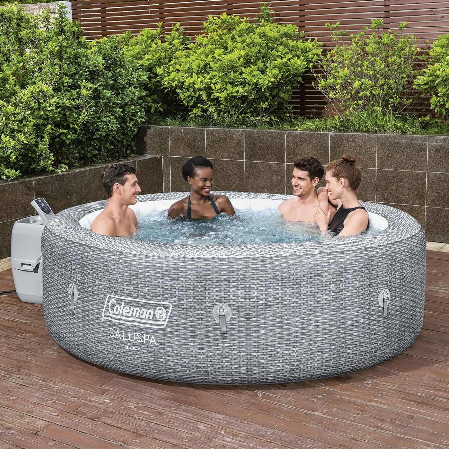 SaluSpa Sicily AirJet 7 Person Inflatable Hot Tub Round Portable Outdoor Spa with 180 Soothing AirJets and Insulated Cover, Gray