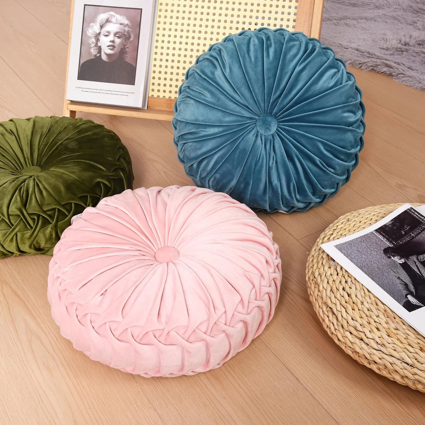 Set of 2 Decorative Round Pleated Throw Pillows