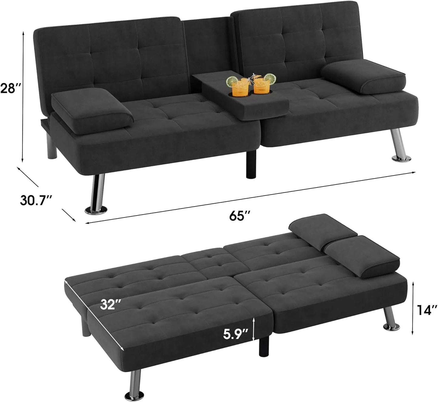 Flamaker Futon Sofa Bed Modern Folding Futon Set Convertible Recliner Lounge for Living Room with 2 Cup Holders, Removable Armrests (PU Leather, Black)