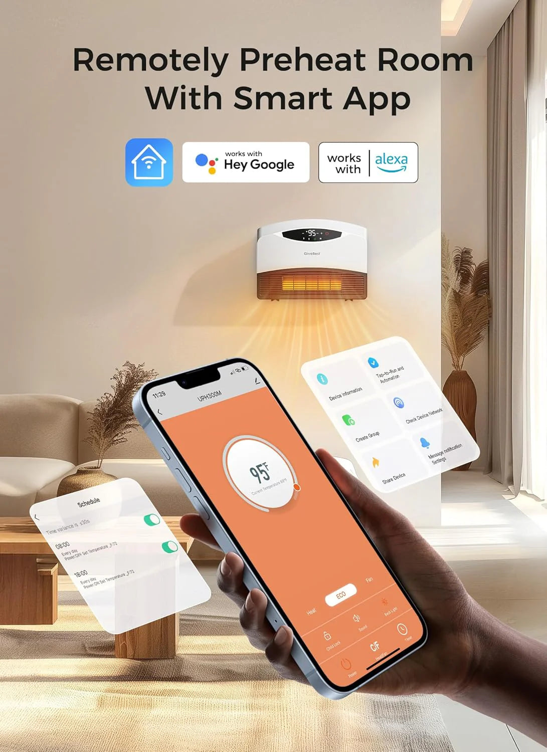 Wall mounted electric heater with WiFi and remote control, floor standing heater 1500W fast coverage for large rooms