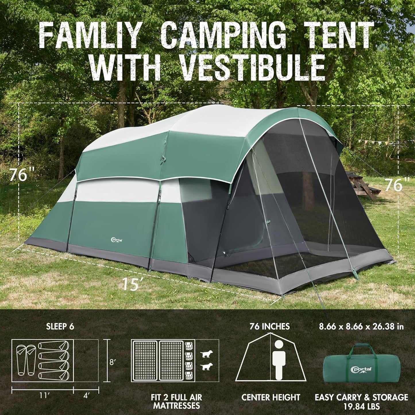 PORTAL 6/8/10 Person Family Camping Tent with Screen Room, Water Resistant Big Tunnel Tent with Rainfly, Large Family Tent for Outdoor Camping, Party