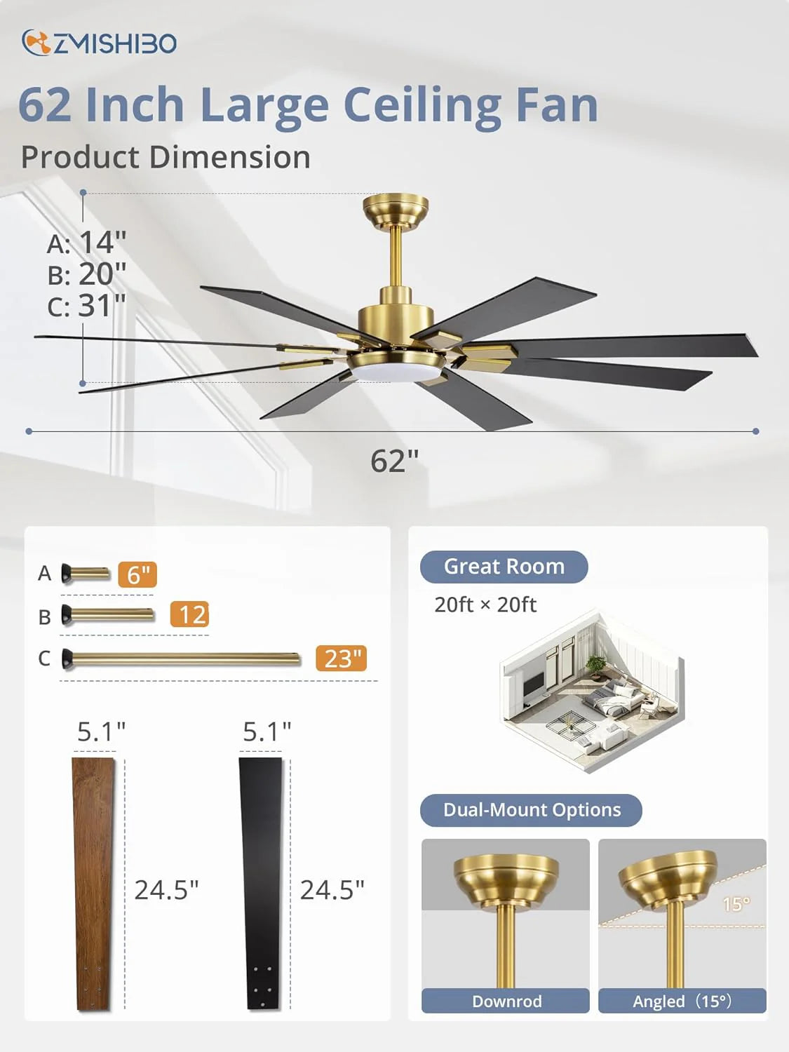 Zmishibo 72-inch large ceiling fan with lighting and remote indoor/outdoor