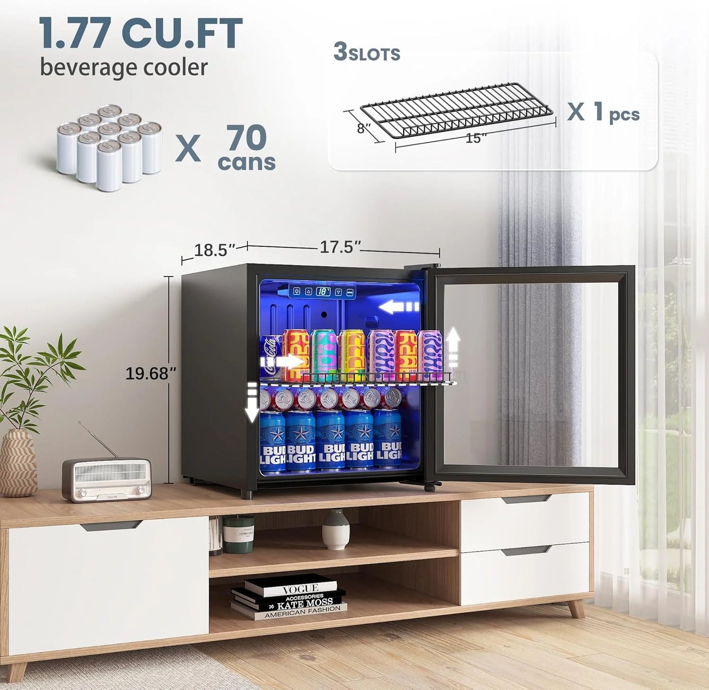 Beverage Refrigerator Cooler-120 Cans Freestanding Mini Fridge Cooler with Glass Door, Adjustable Shelves & Digital Temperature Display for Soda, Wine or Beer (Black, 3.2 Cu.Ft)