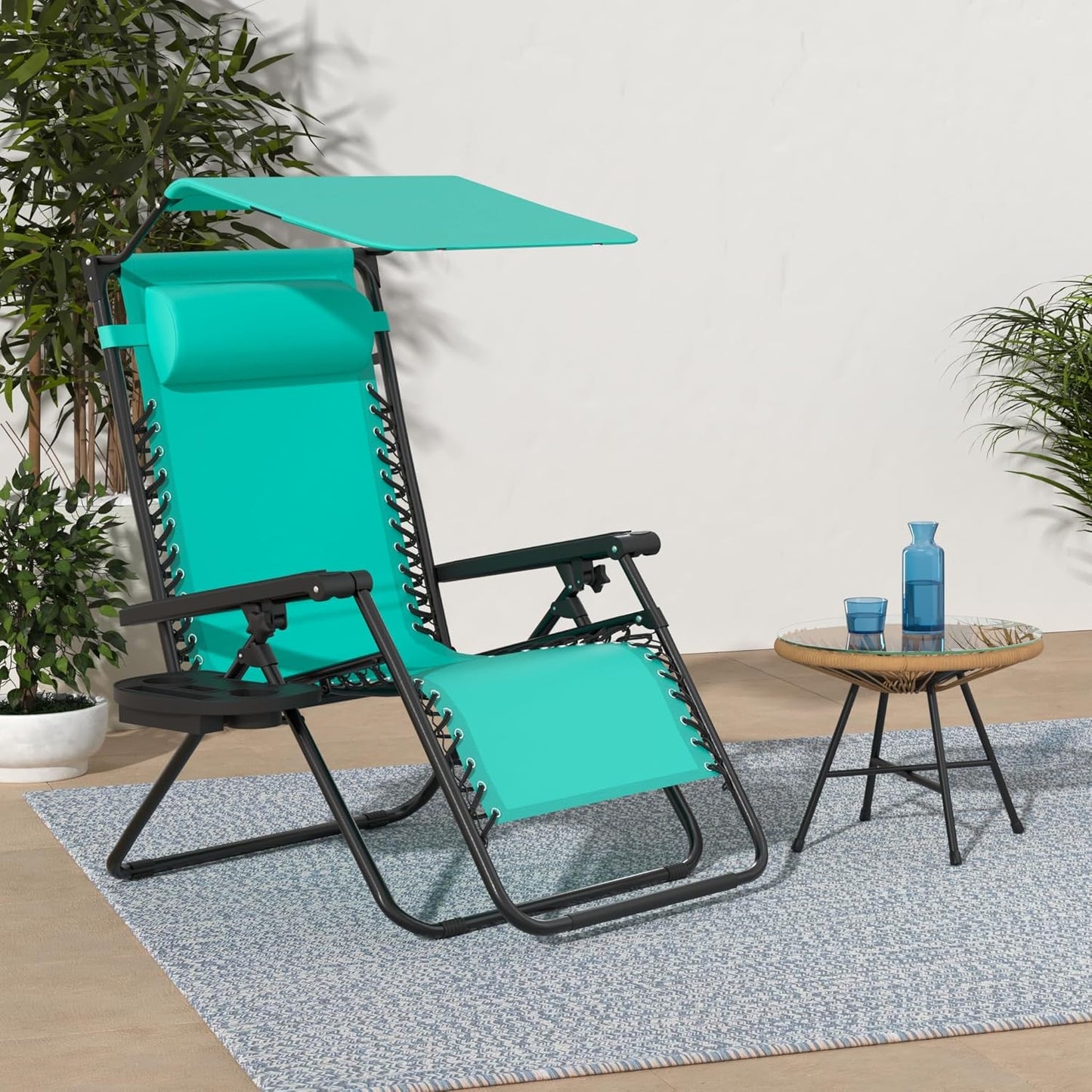 Best Choice Products Folding Zero Gravity Outdoor Recliner Patio Lounge Chair w/Adjustable Canopy Shade, Headrest, Side Accessory Tray, Textilene Mesh - Peacock Blue