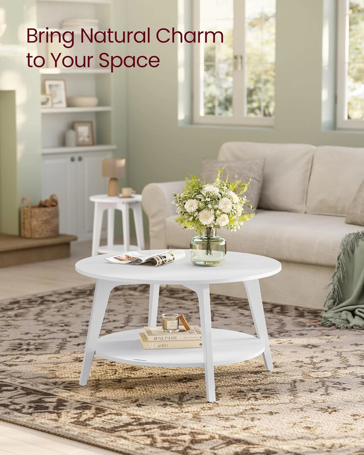 VASAGLE Round Coffee Table, 2 Tier Coffee Table with Storage, for Living Room, 31.5 x 17.7 Inches