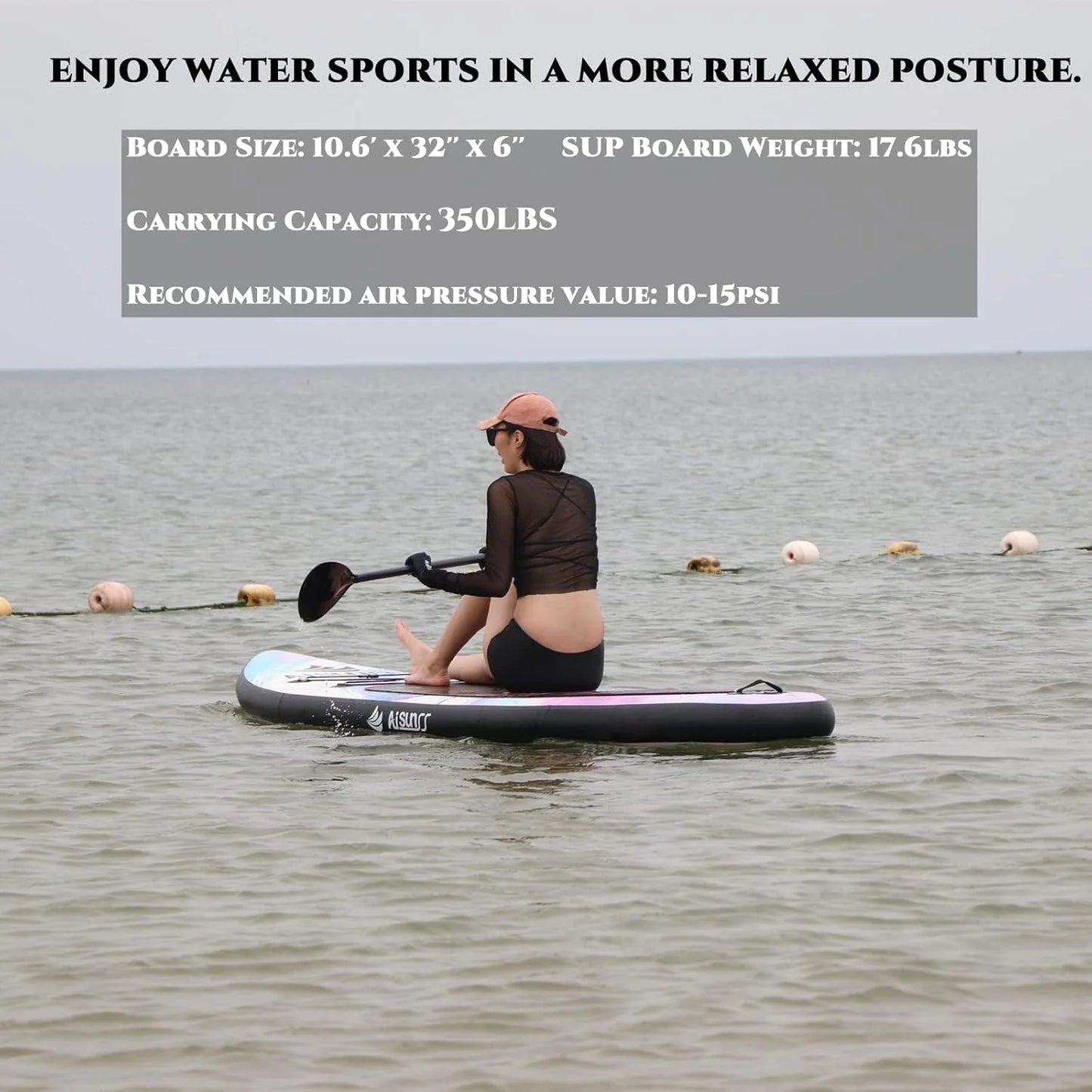 Inflatable wide SUP board with SUP carrying bag, hand pump, 10L waterproof bag and adjustable paddle