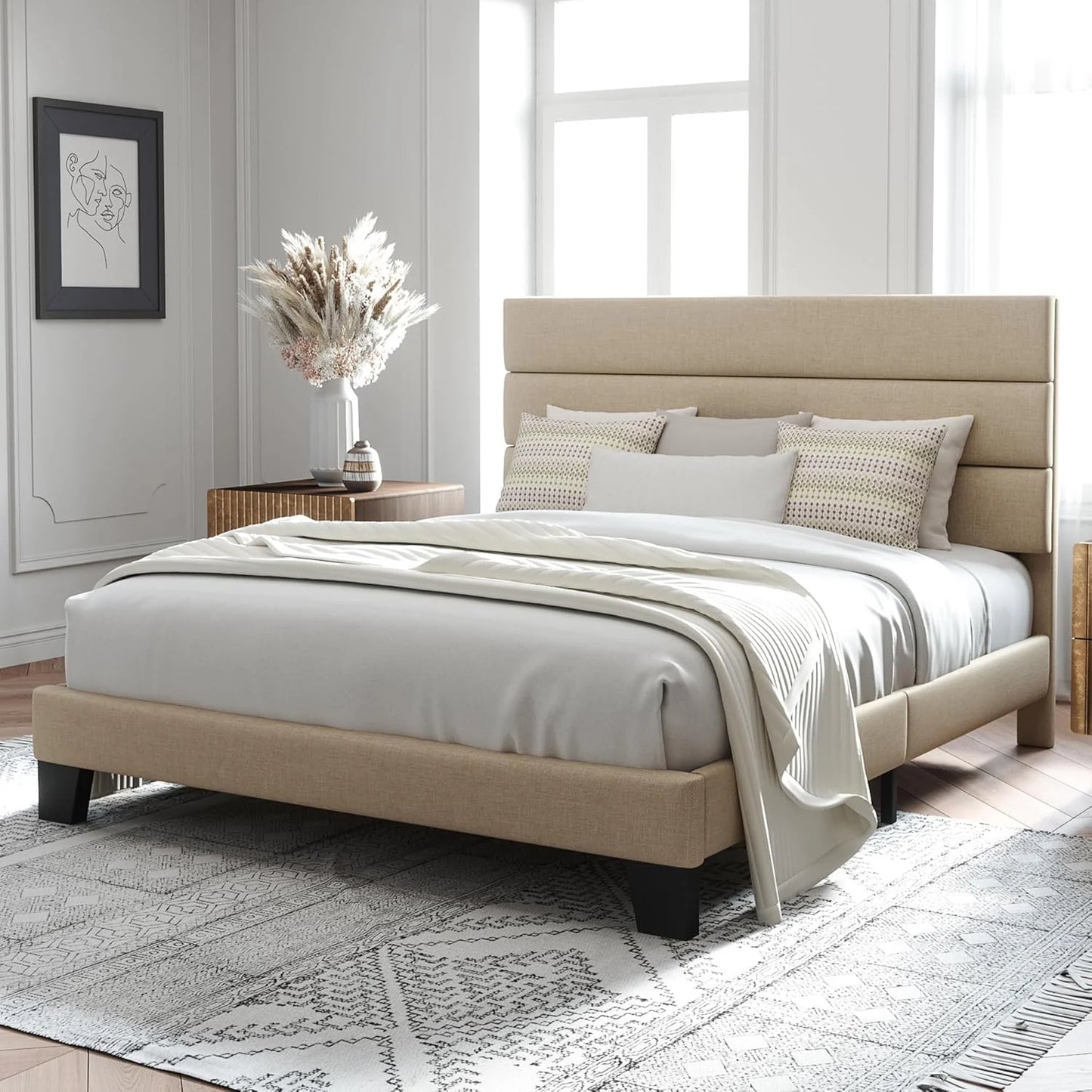 Allewie King size platform bed frame with velvet upholstered headboard and planks