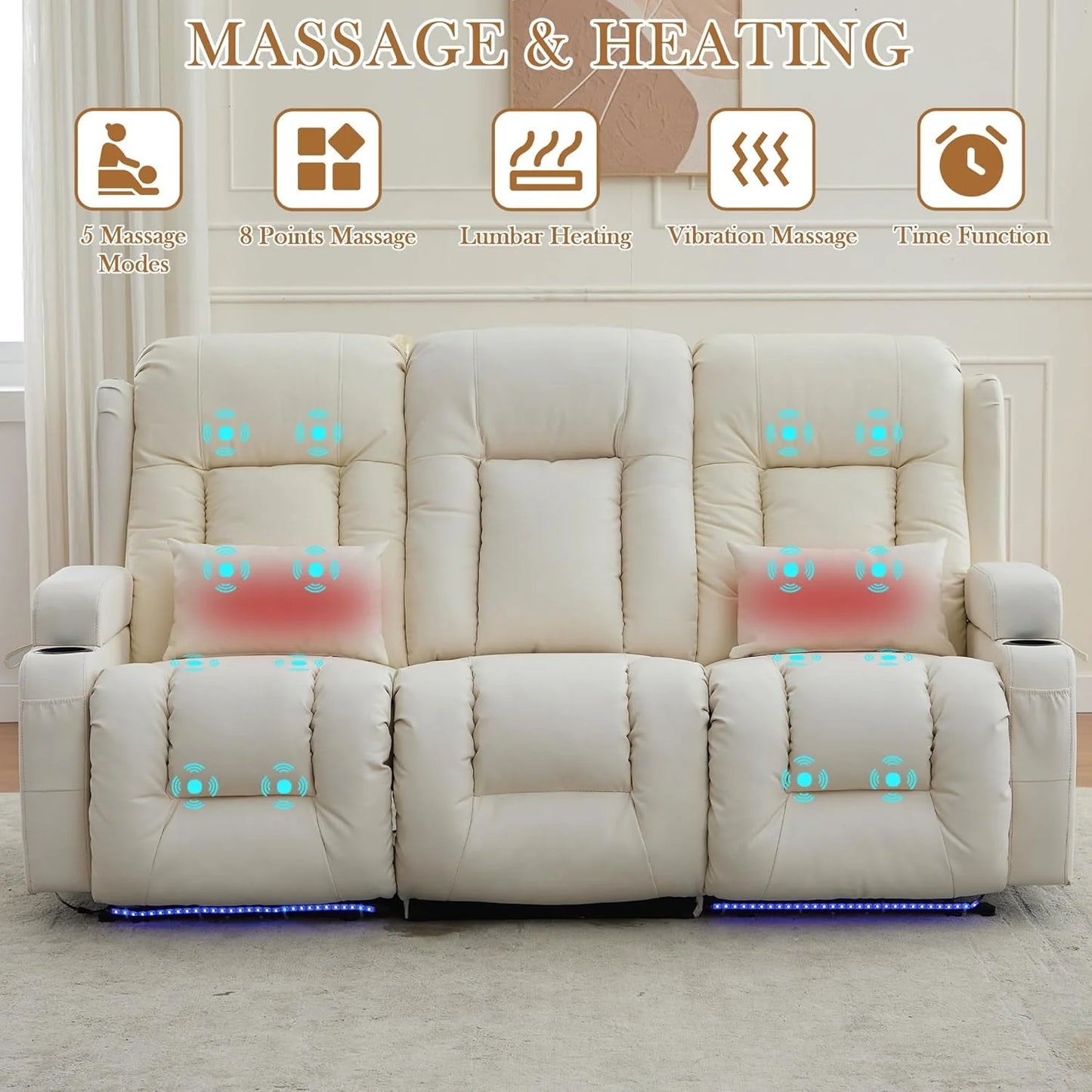 TUNYI Power Loveseat Recliner Sofa with Massage & Heat Home Theater Seating with Console Electric Recliner RV Sofa with USB/Outlet/Storage/Side Pocket/LED Light/Speaker (Brown, Loveseat)