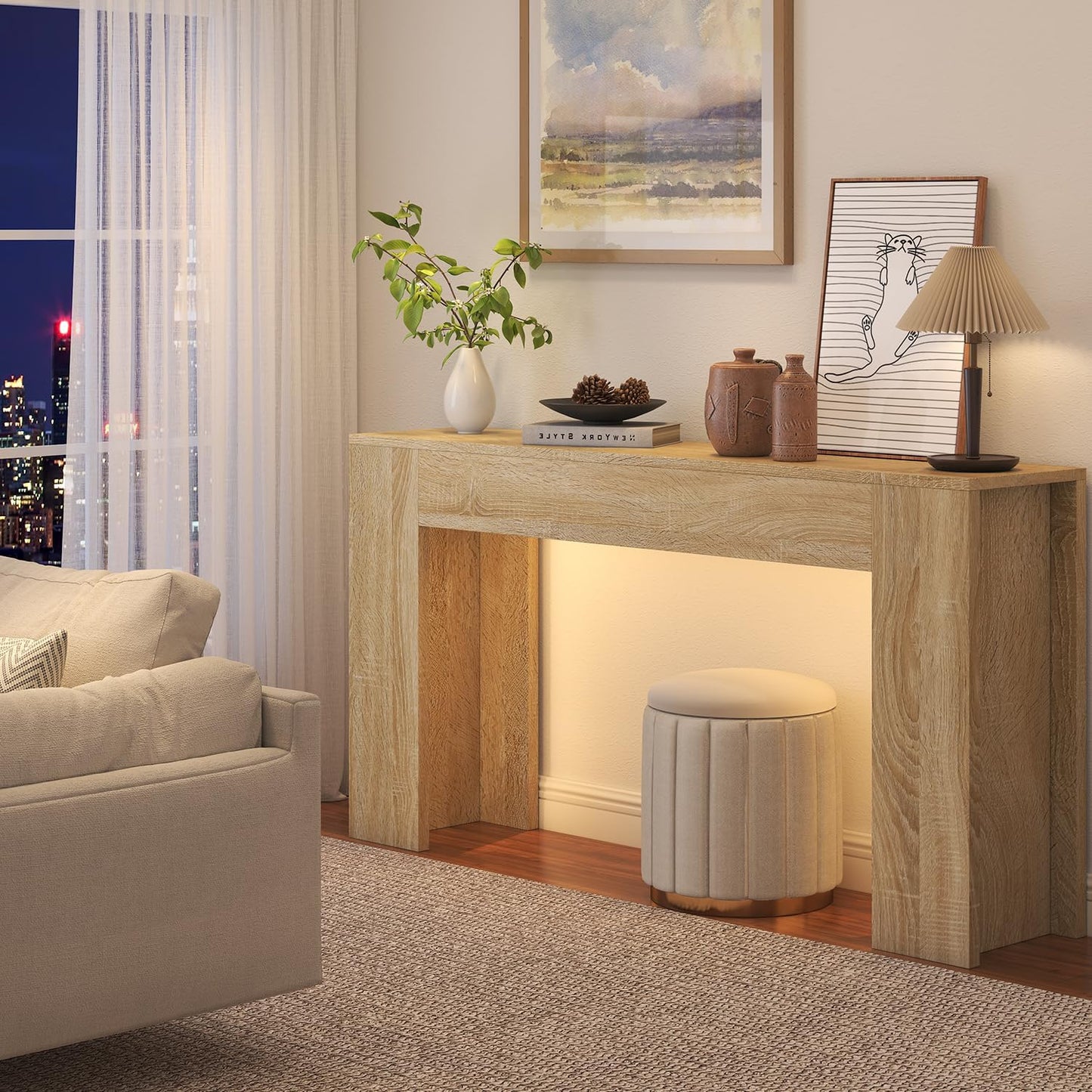 63-Inch Long Console Table with LED Light Farmhouse Sofa Table Behind Couch